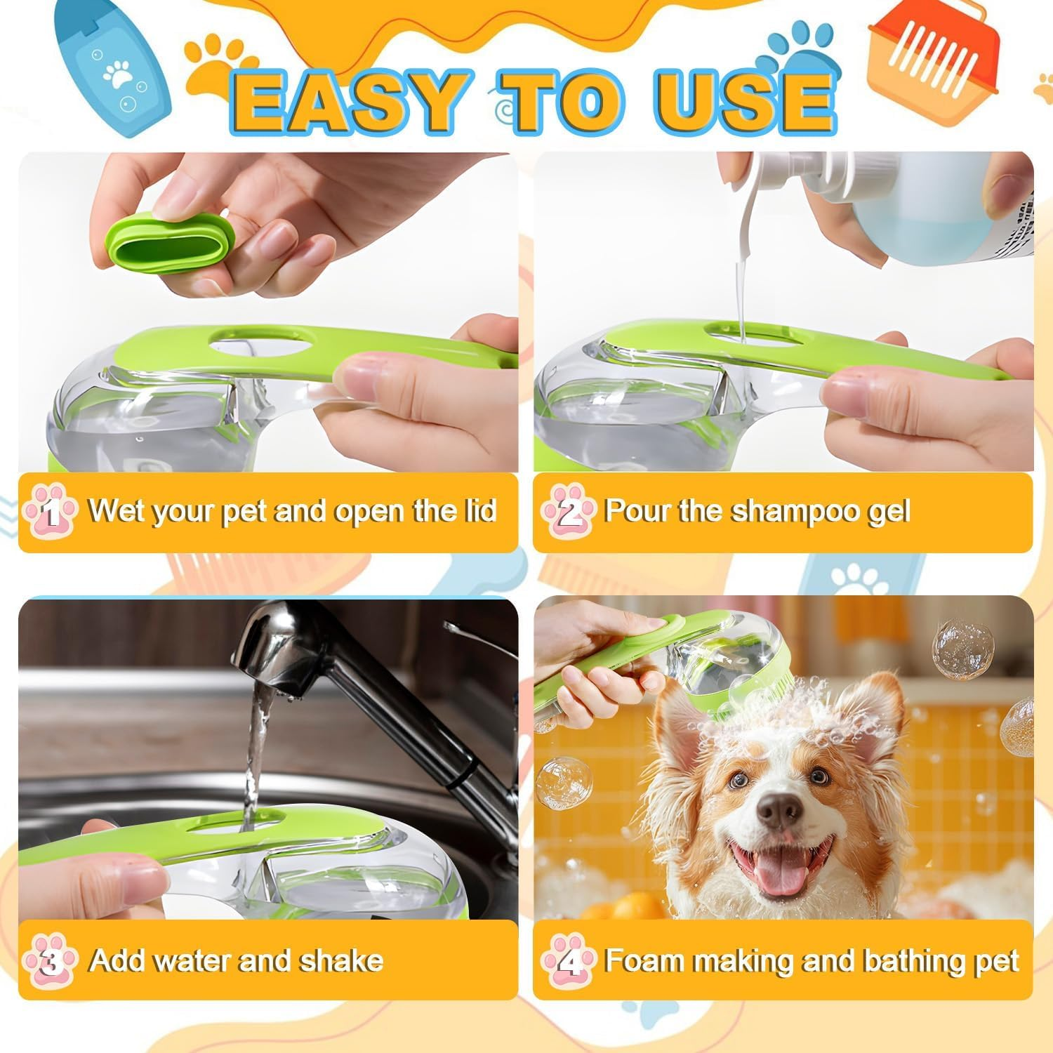 3Pcs Dog Bath Brush Set - Shampoo Brush & Bubble Maker with Adjustable Handle, Paw Washer & Massage Grooming Tool for Short/Long Hair Dogs & Cats (Blue Yellow Green) image number 6