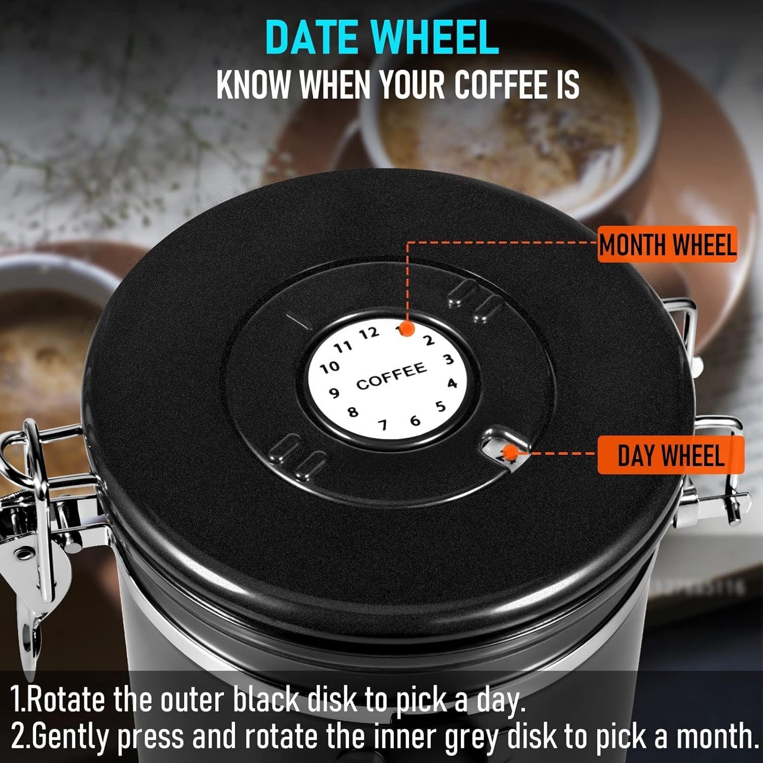 1.8L Airtight Coffee Canister, Stainless Steel Coffee Jar with Measuring Scoop, Date Tracker and 2 CO2 Release Valve, Coffee Container for Beans, Ground, Tea, Flour and Sugar Black image number 2