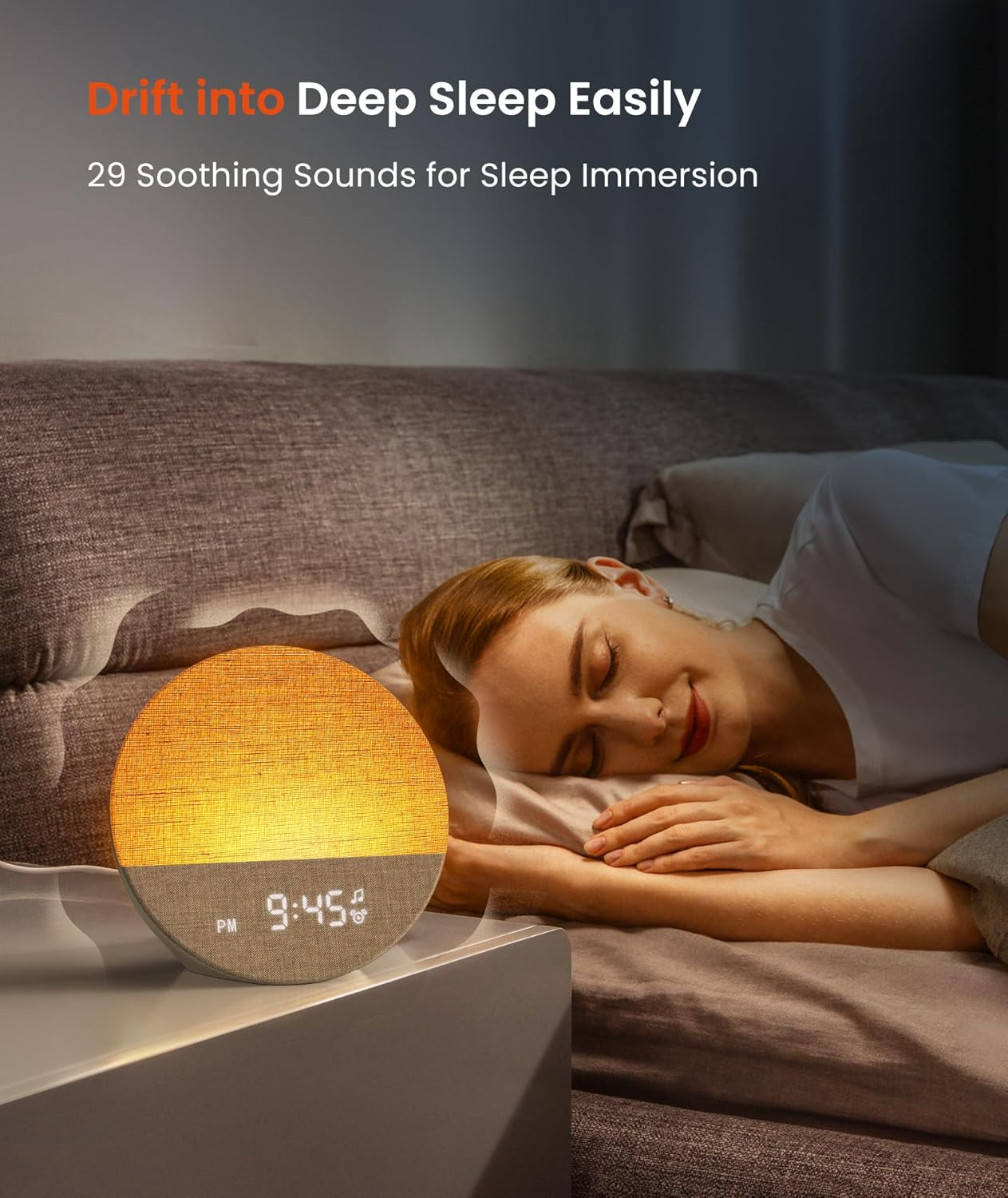 Dreamegg Sunrise 1 - Sound Machine Sunrise Alarm Clock with 9 Night Lights, 29 Soothing Sound for Sleep, White Noise Machine, Timer, Dimmable, Wake up Light Alarm Clock for Bedroom, Kids, Adult, Gift image number 2