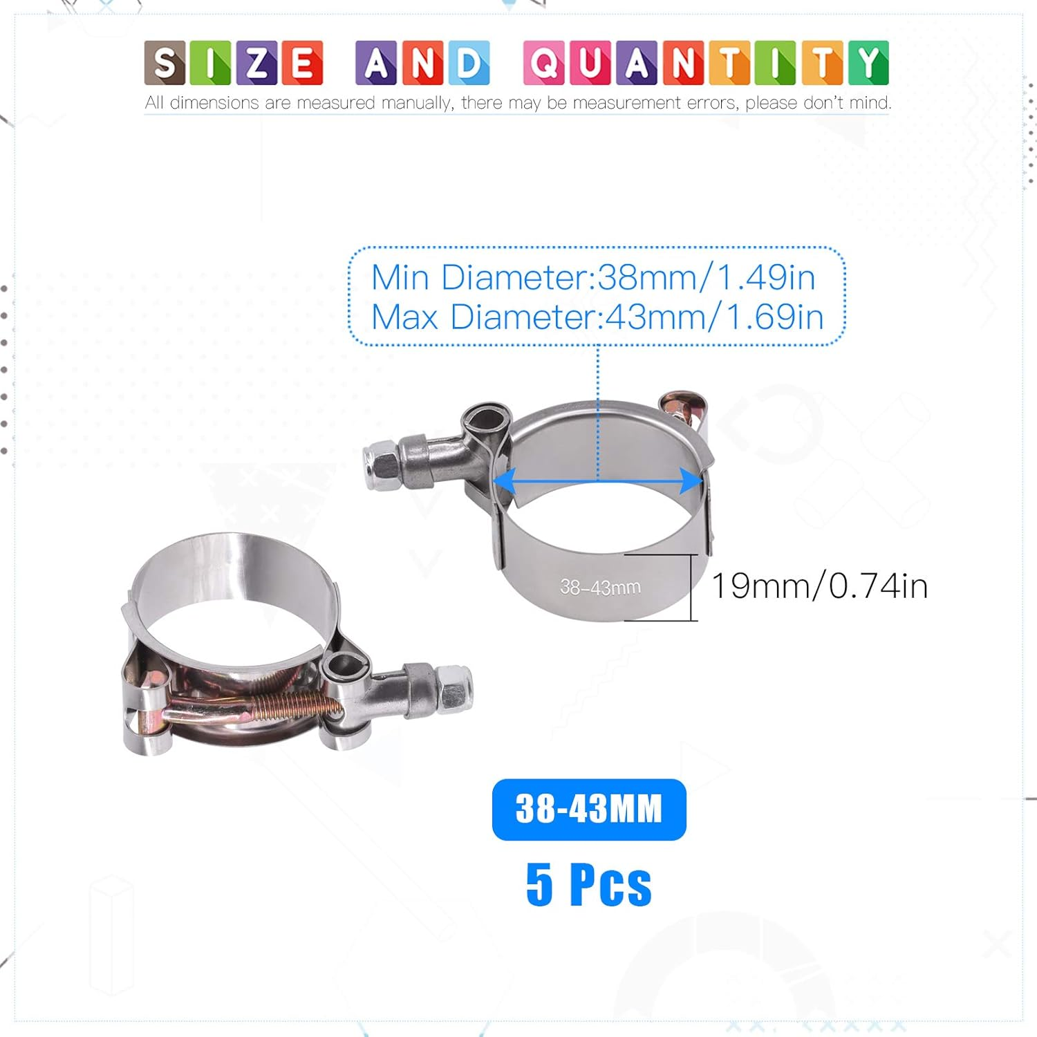 Glarks 5Pcs 38-43Mm Stainless Steel T-Bolt Hose Clamps Turbo Intake Soft Hose Intercooler Clamps image number 4
