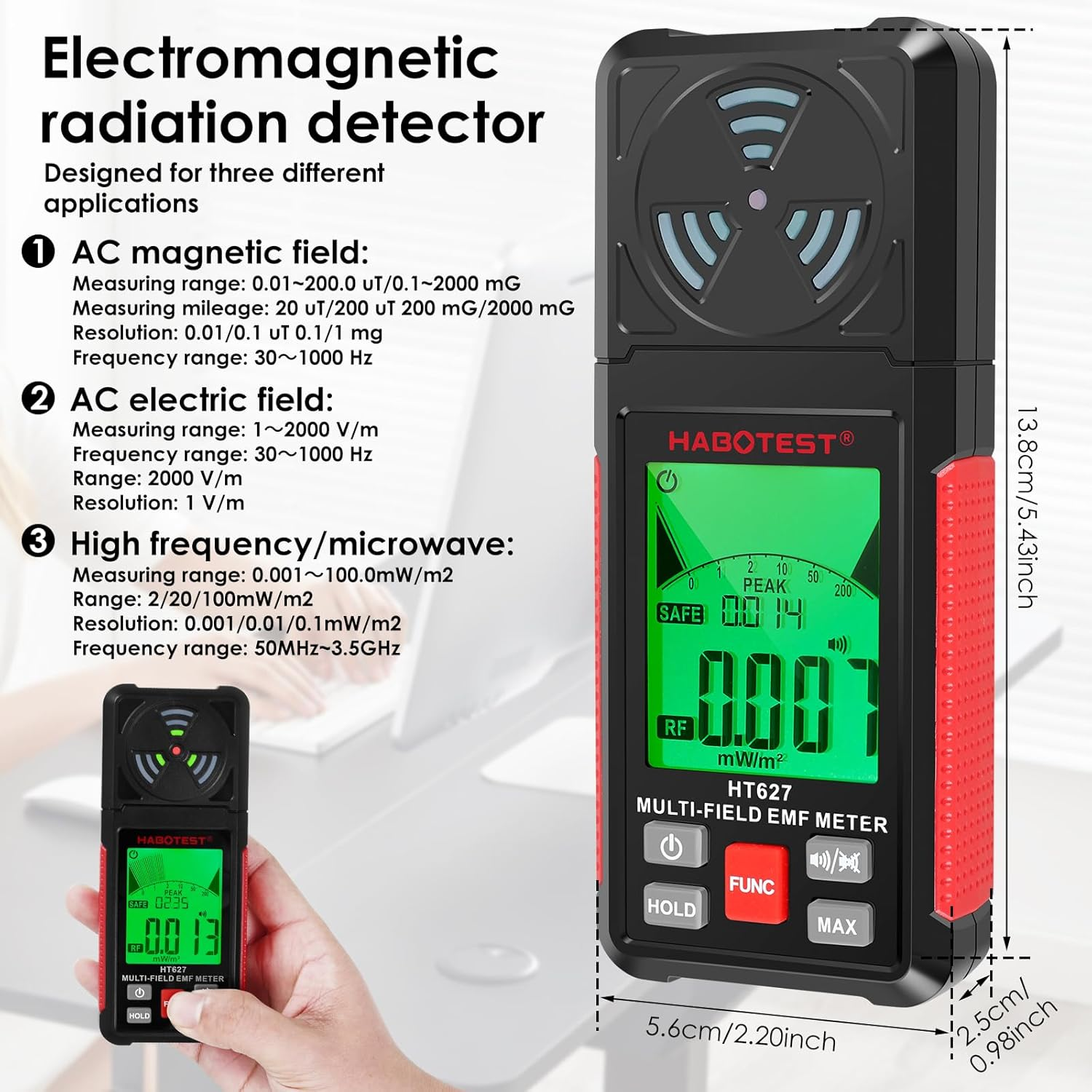 Electromagnetic Field Radiation Detector,Portable 2.26Inch LCD Display EMF Reader Meter EMF Tester Wifi Signal 5G Signal Detector with Backlight and Sound Alarm EMF Detector for RF EF MF image number 1