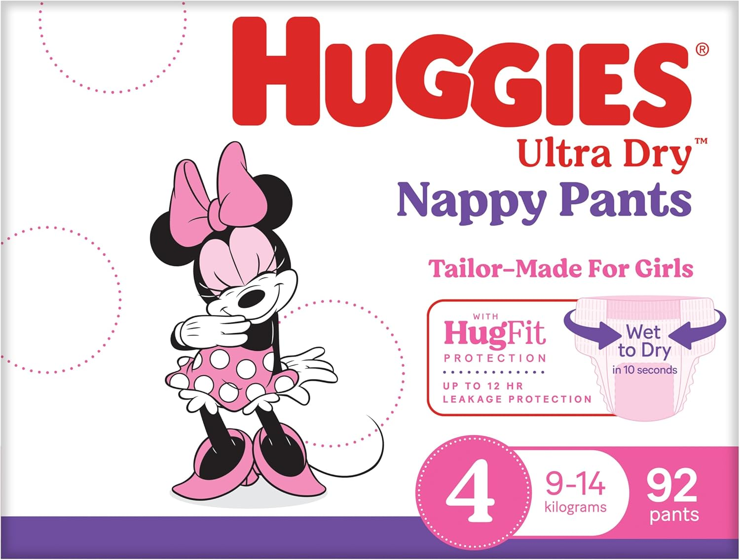 Huggies Ultra Dry Nappy Pants Girls Size 4 (9-14Kg) 92 Count - Packaging May Vary