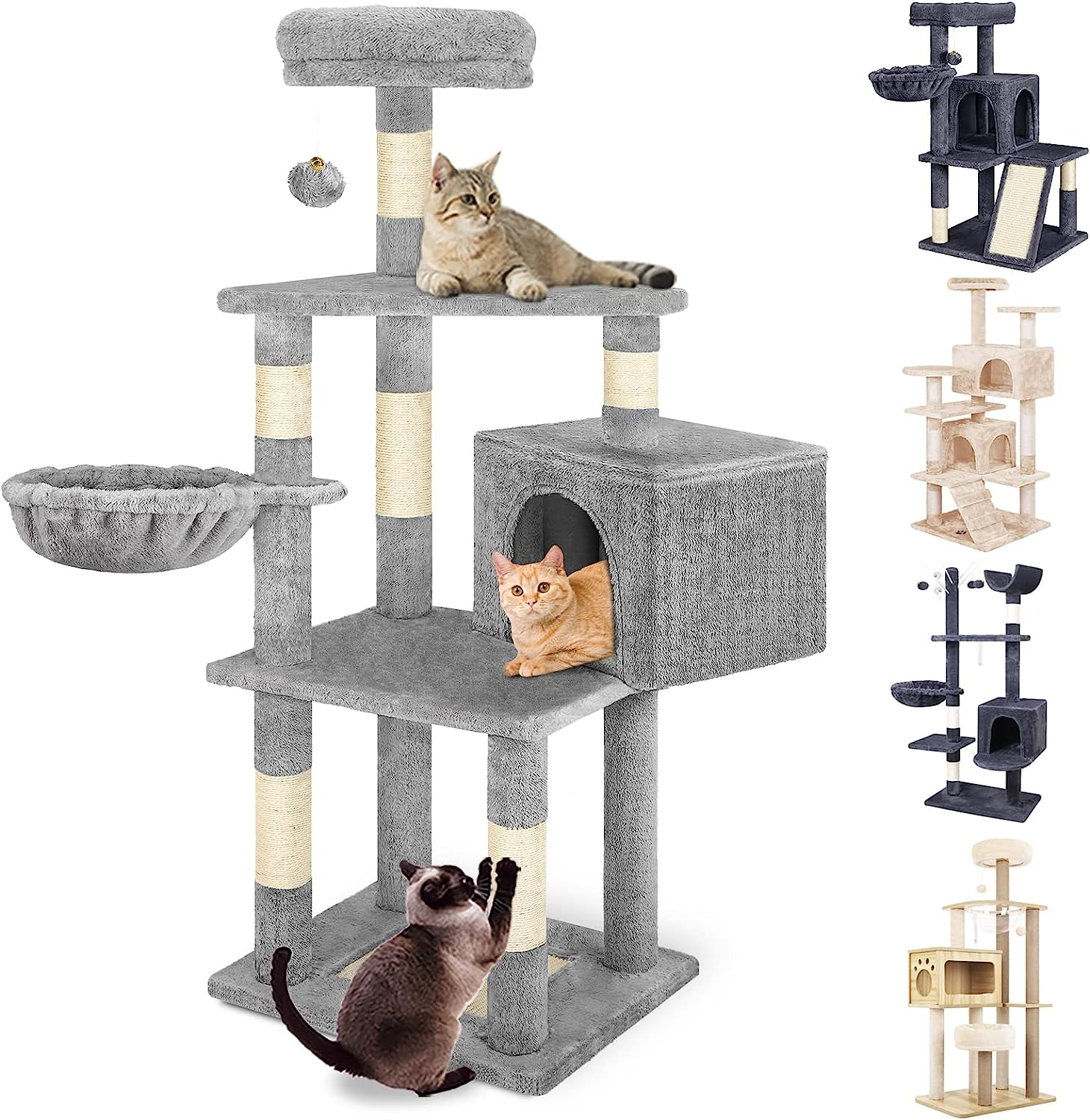 BEASTIE Cat Tree 130Cm Multi-Level Play Tower with Scratching Post, Condo House, Scratch Board & Plush Perch Den, Sisal Covered Scratcher Tower Furniture for Kitten Climbing & Playing, Light Grey image number 3