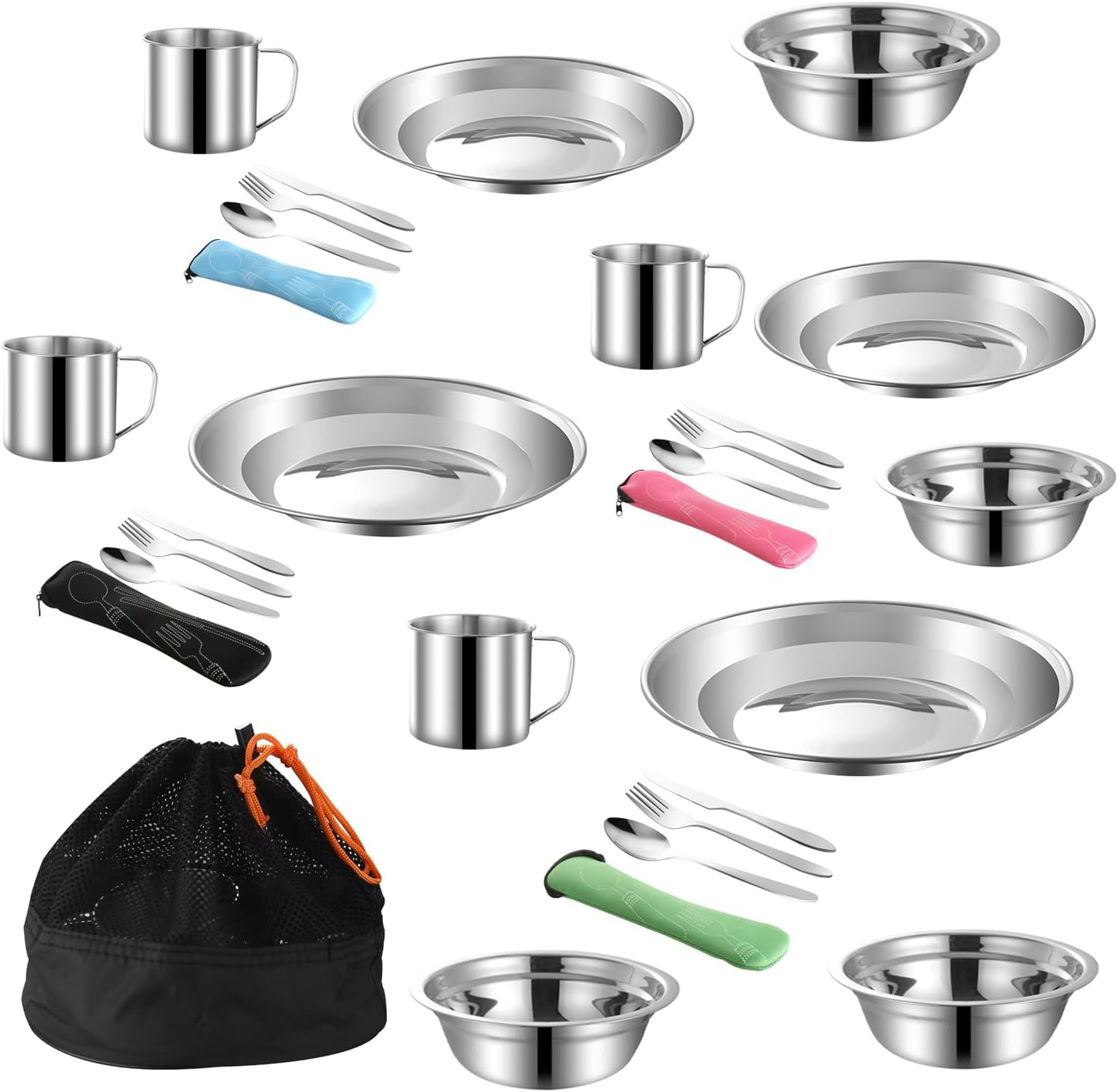 Jorunhe 29Pcs Outdoor Camping Tableware Kit Stainless Steel Tableware Mess Kit Includes Plate Bowl Cup Spoon Fork Knife in Mesh Bags for Camping Backpacking & Hiking for 4 Person Silver image number 2