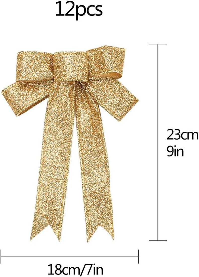 Christmas Ribbon Bows 12Pcs Golden Bowknot Glitter Xmas Tree Bows Hanging Ornaments for Craft DIY Christmas Wreaths Wedding Holiday Party Wall Table House Decoration Presents Gift Wrapping Supplies