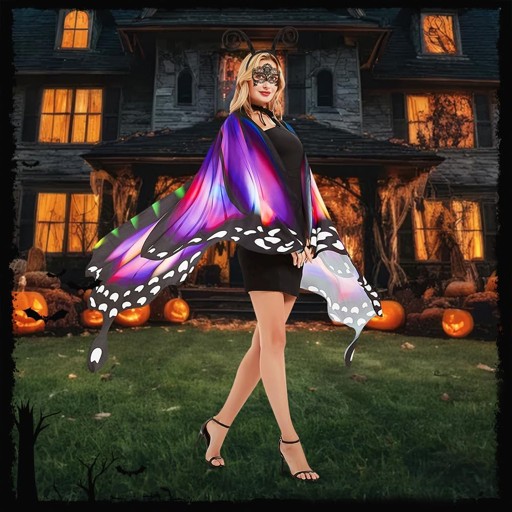 AUTOWT Halloween Butterfly Costume for Women, Adult Butterfly Wings Shawl with Masquerade Mask & Antenna Headband Kit for Ladies Cosplay Animal Avatar Photo Shoot Dress-Up Party Book Week
