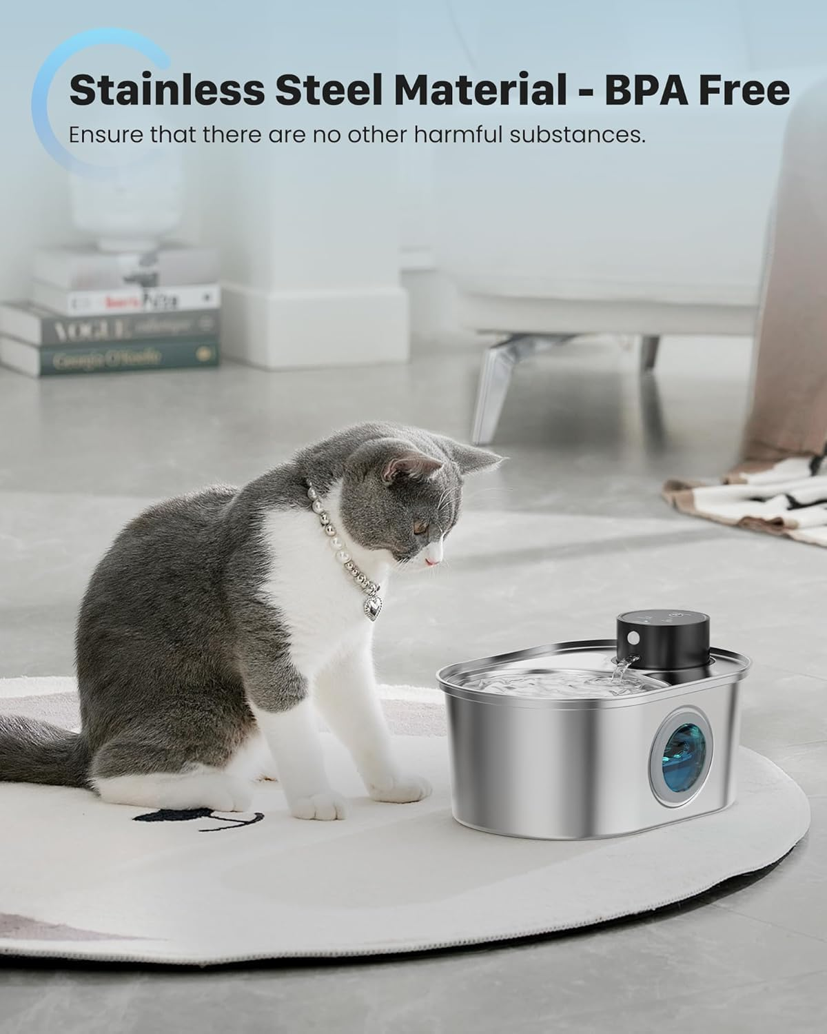 Wireless Cat Water Fountain: Battery Operated Stainless Steel Pet Fountain, Automatic Cordless Water Dispenser Indoor, Metal Bottle for Drinking, Rechargeable Dog Water Bowl(6 Filters+ 3 Sponges) image number 3