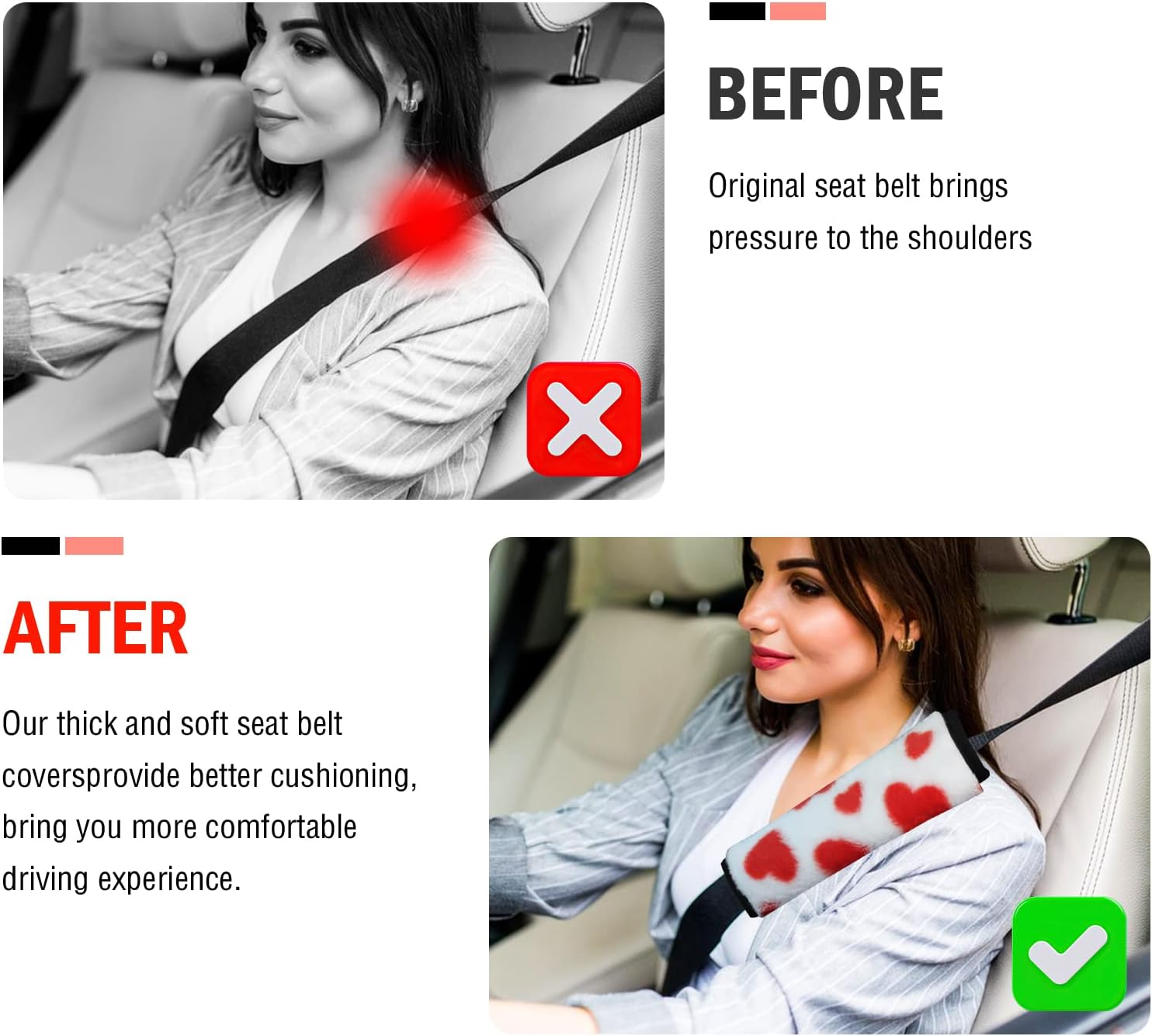 2 Pack Seat Belt Pads Soft Faux Sheepskin Love Car Seat Belt Shoulder Strap Covers Cute Seatbelt Neck Protector Cushion More Comfort Driving Compatible with All Cars and Backpack Fits Women Red - Red image number 4