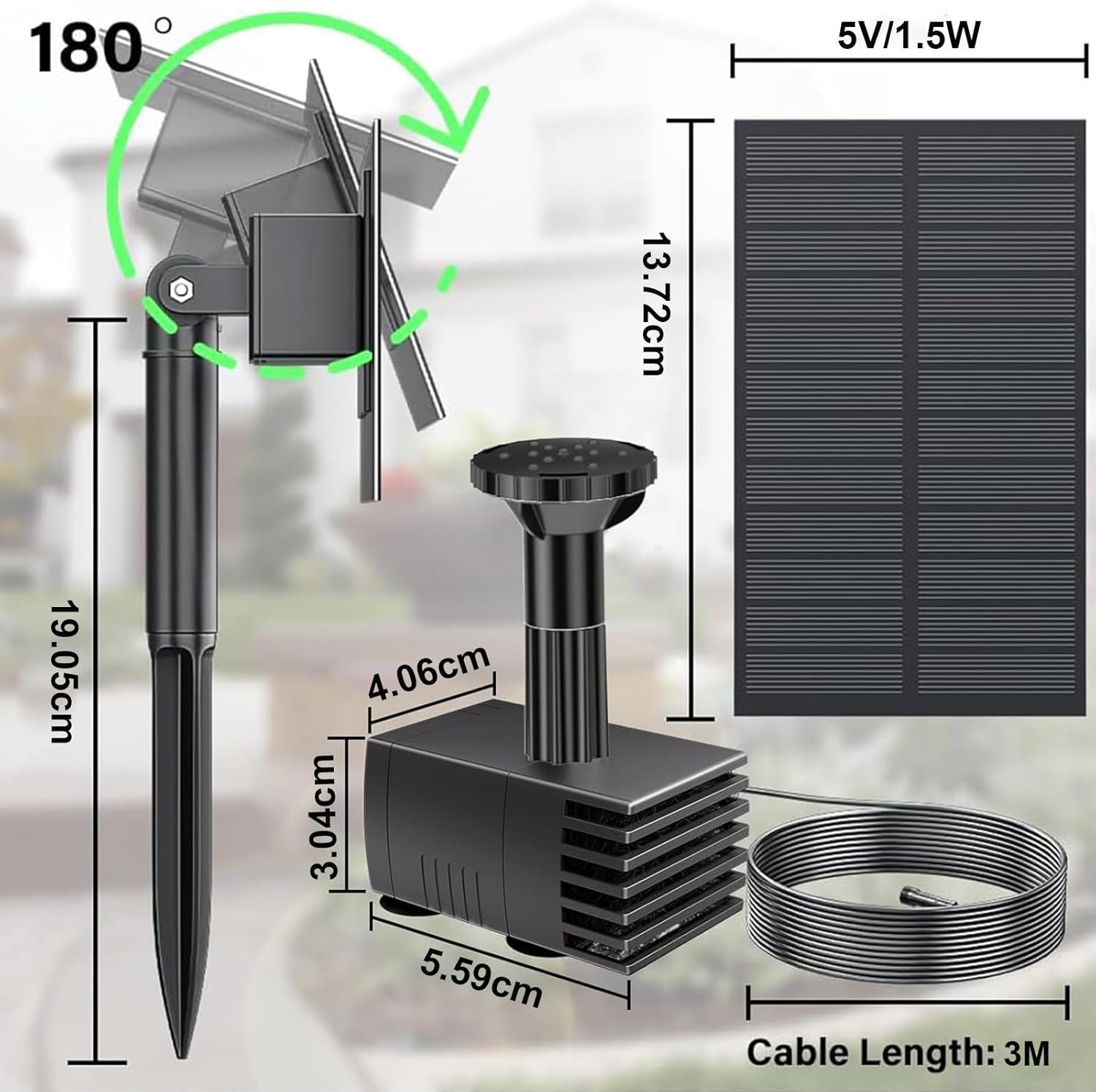 1.5W Solar Fountain Pump for Water Feature Outdoor DIY Solar Bird Bath Fountain with Multiple Nozzles, Solar Powered Water Fountain for Garden, Ponds, Fish Tank and Aquarium image number 2