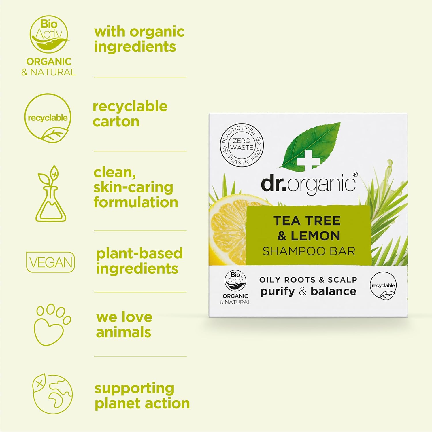 Dr Organic Tea Tree & Lemon Shampoo Bar, Purifying, Oily Roots & Scalps, NEW, Plastic Free, Natural, Vegan, Cruelty-Free, Paraben & Sls-Free, Organic, 75G image number 1