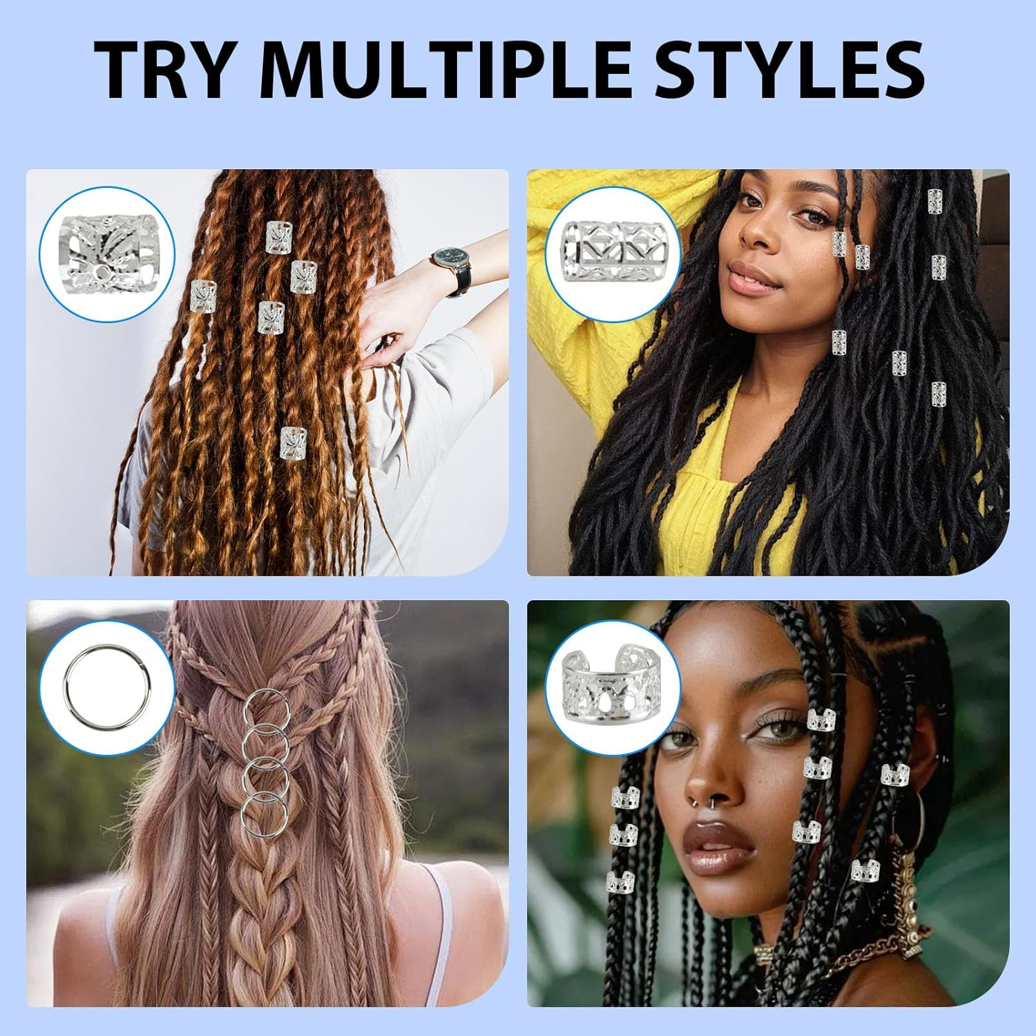 Pack of 80 Silver Dreadlocks Jewellery Viking Hair Accessories, Cuff Clips for Dreadlock Accessories, Adjustable Cuffs, Hair Beads, Hair Spirals, for Dreadlocks for Men, Women, Girls and Boys Braids image number 2