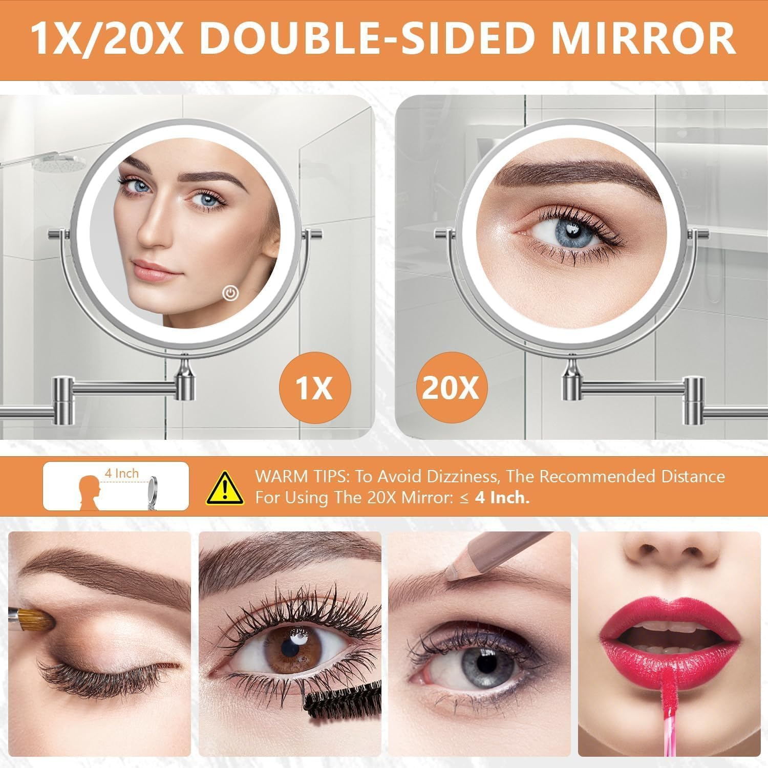 Auxmir Lighted Wall Mounted 20X Magnifying Makeup Mirror, 8" Double-Sided 360&deg; Swivel Shaving Mirror with Extendable Arm, 3200Mah Rechargeable Dimmable Mirrors with Tweezer for Bathroom and Hotel image number 3
