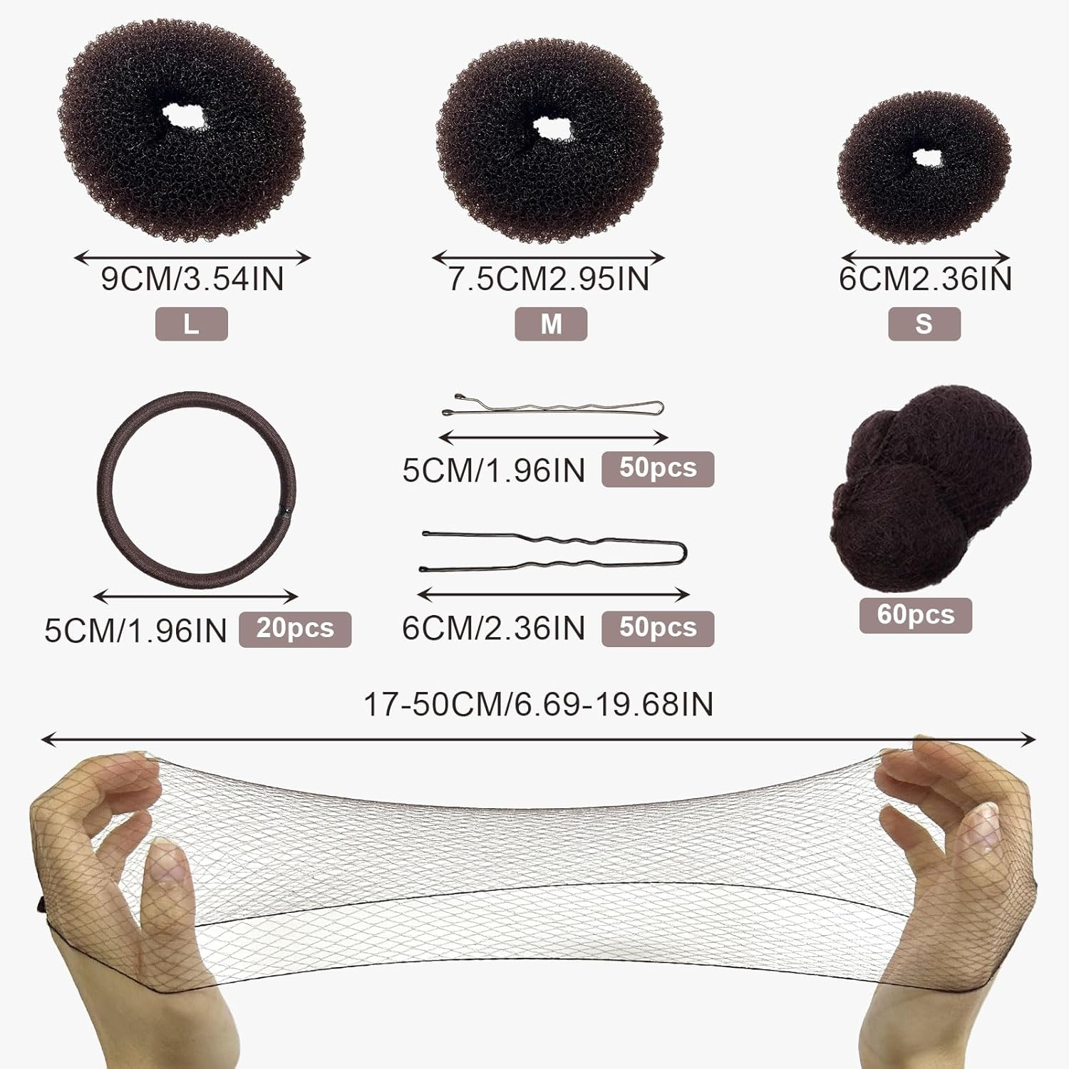 UILYNIU 183 Piece Hair Bun Maker Set, 3 Pieces Doughnut Hair Buns, 60 Pieces Hair Nets Invisible with 100 Pieces Hair Clip Hairpin, 20 Pieces Elastic Hair Bands for Children Girls (Brown) image number 1