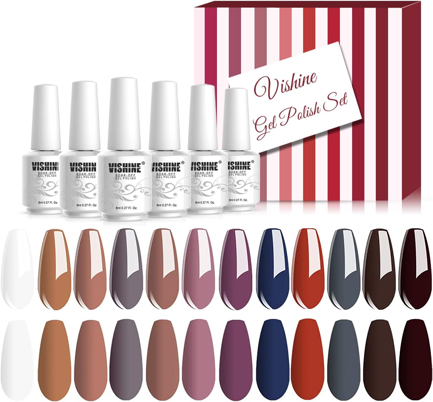 Vishine Gel Nail Polish Kit 12 Color Set, Popular Autumn Winter Gel Colors Collection, Nude Purple Maroon White UV Nail Gel Colors Manicure Set 8Ml Each Bottle image number 6