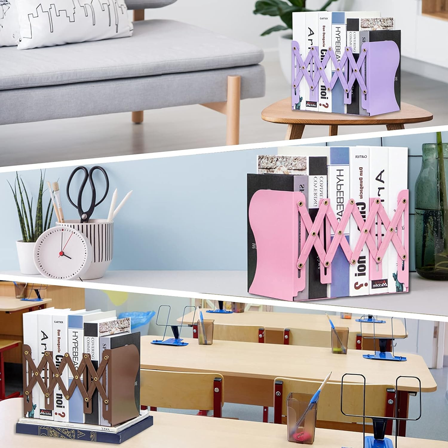 Aobopar Book Ends, Bookends for Shelves, Book Organizer for Desk, Metal Bookends for Heavy Books, Book Holders for Shelves, Suitable for Office, Home and School Use (Brown) image number 5