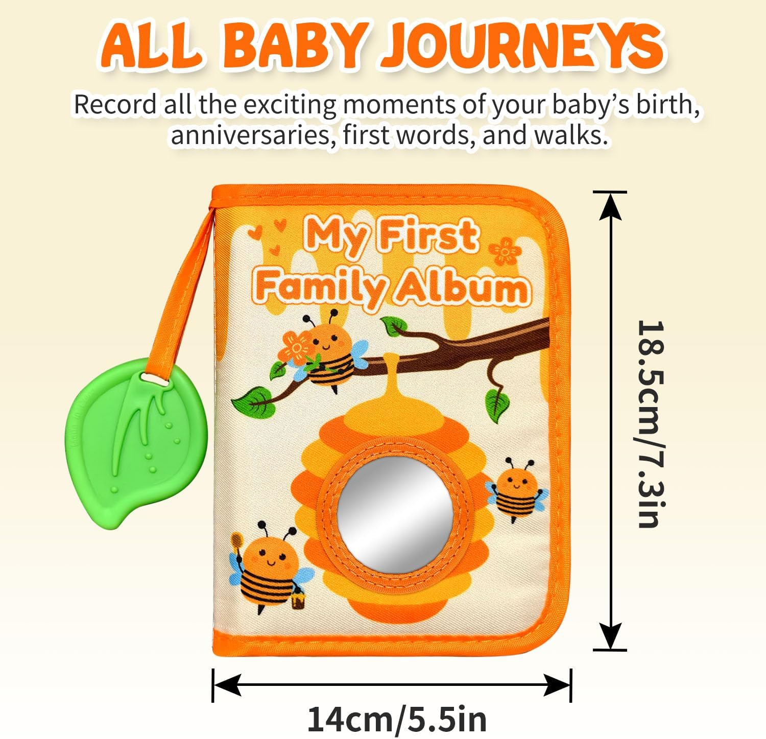 My First Photo Album for Baby, 18|4X6" Baby Photo Book with Soft Cloth Cover & Safety Mirror, Toddler Baby Family Photo Book for Newborns Baptism Birthday Gifts, Yellow Bee - Smiley Face image number 5