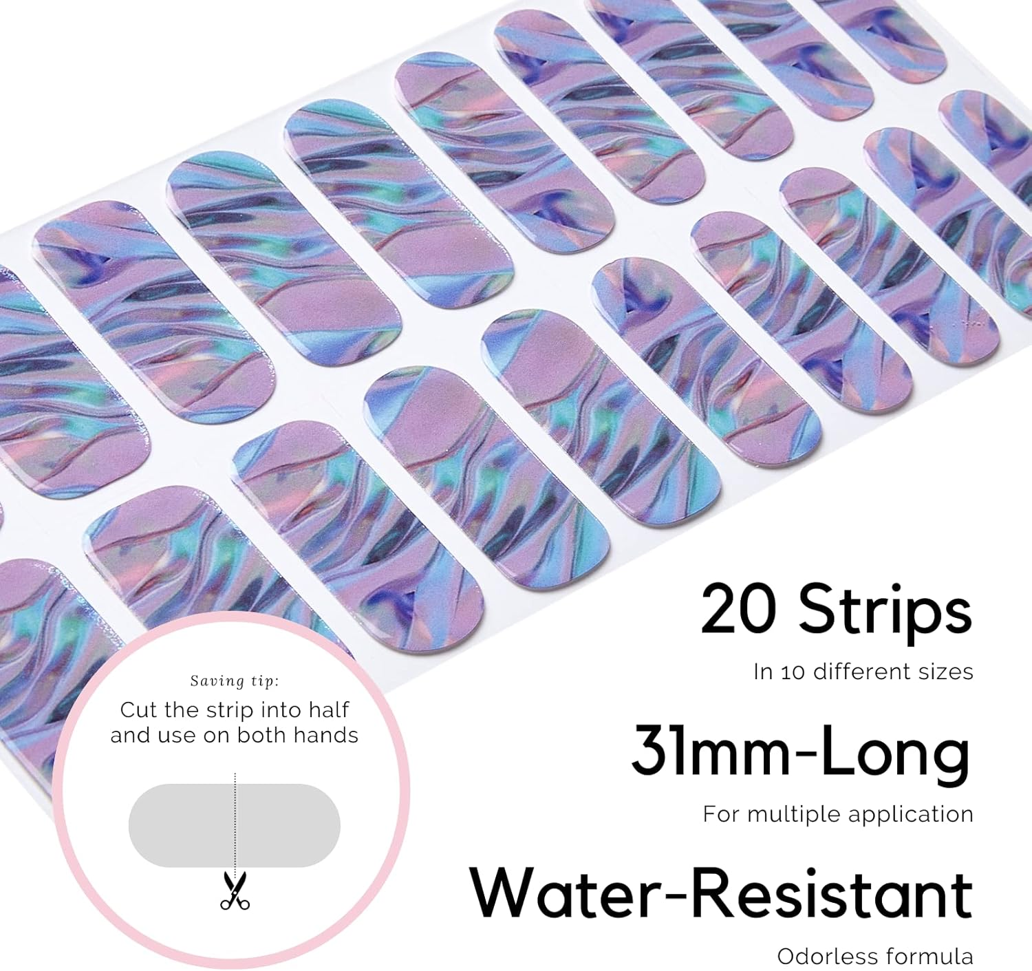 NAILOG Semi Cured Gel Nail Strips (20 Extra Long Nail Stickers) | Glossy & Long Lasting Soft Gel Finish Nail Wraps| Pearlescent Purple & Blue Holographic | La Plage