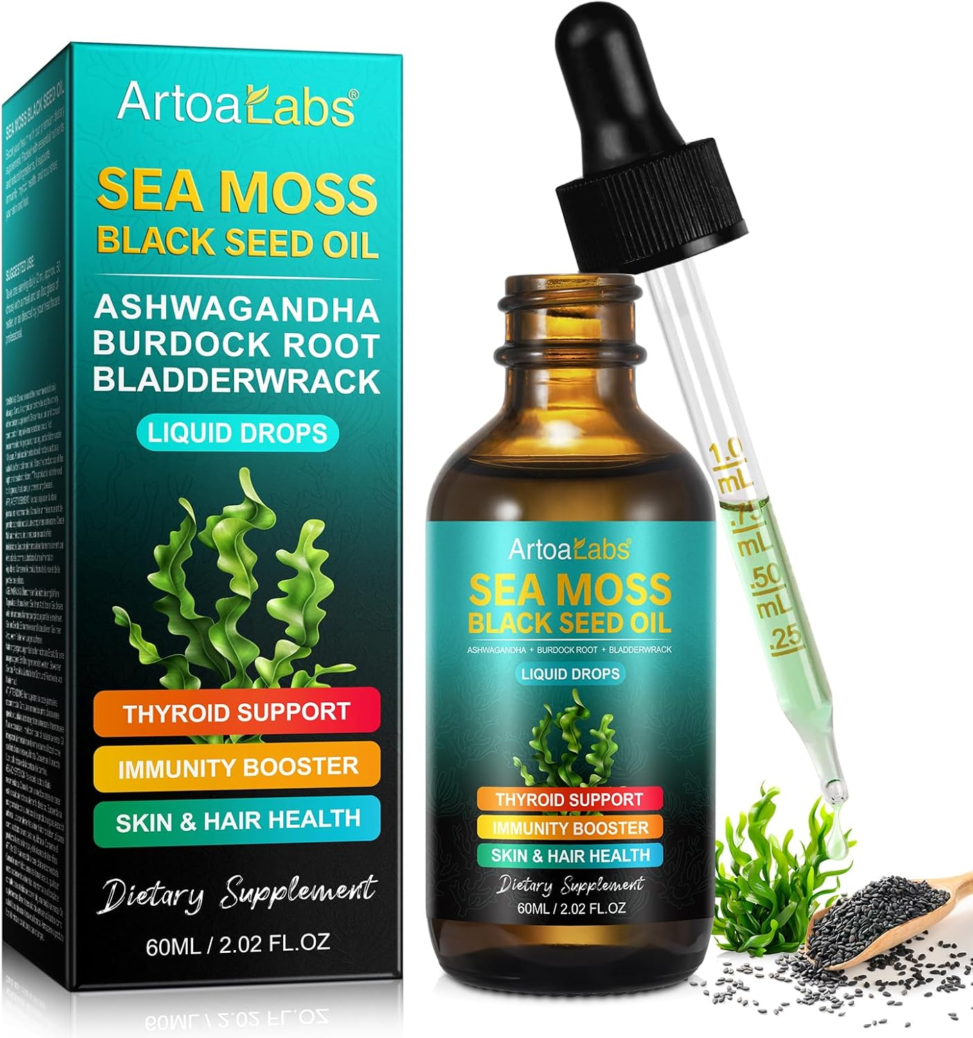 Organic Sea Moss Liquid Drops with Black Seed Oil, Ashwagandha, Burdock Root & Bladderwrack | Non-Gmo, Vegan | 60Ml image number 4