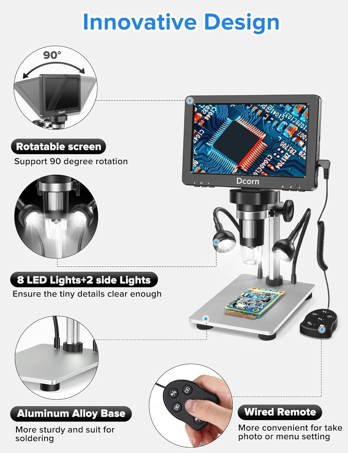 7'' Digital Microscope 1200X,Dcorn 12MP 1080P Photo/Video Microscope for Adults Soldering Coins,Metal Stand,Wired Remote,10 LED Fill Lights,Pc View,Windows/Mac Compatible image number 1