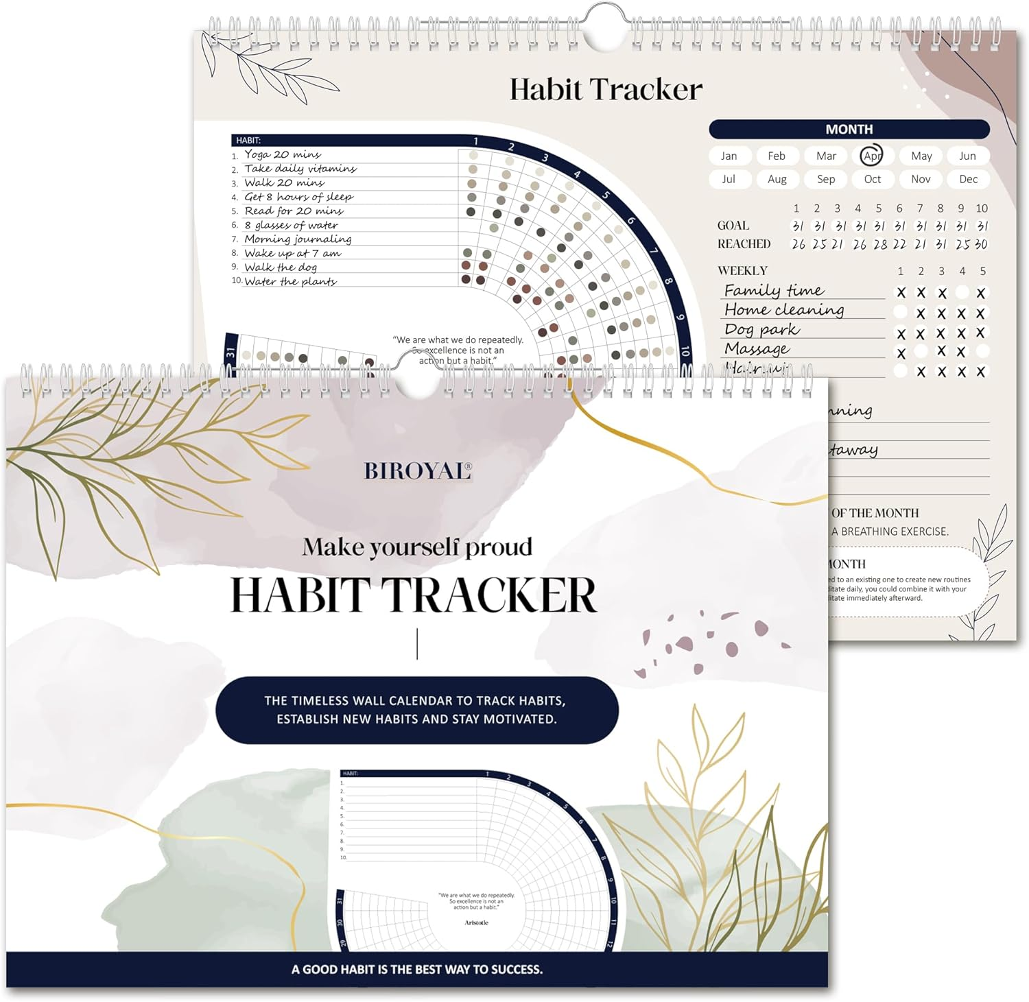 BIROYAL Habit Tracker Calendar (Undated 12 Month), Daily Weekly and Monthly Habit Tracker Journal, Spiral Binding with Writable Goals Habits Track, Productivity Tool and Workout Calendar image number 2