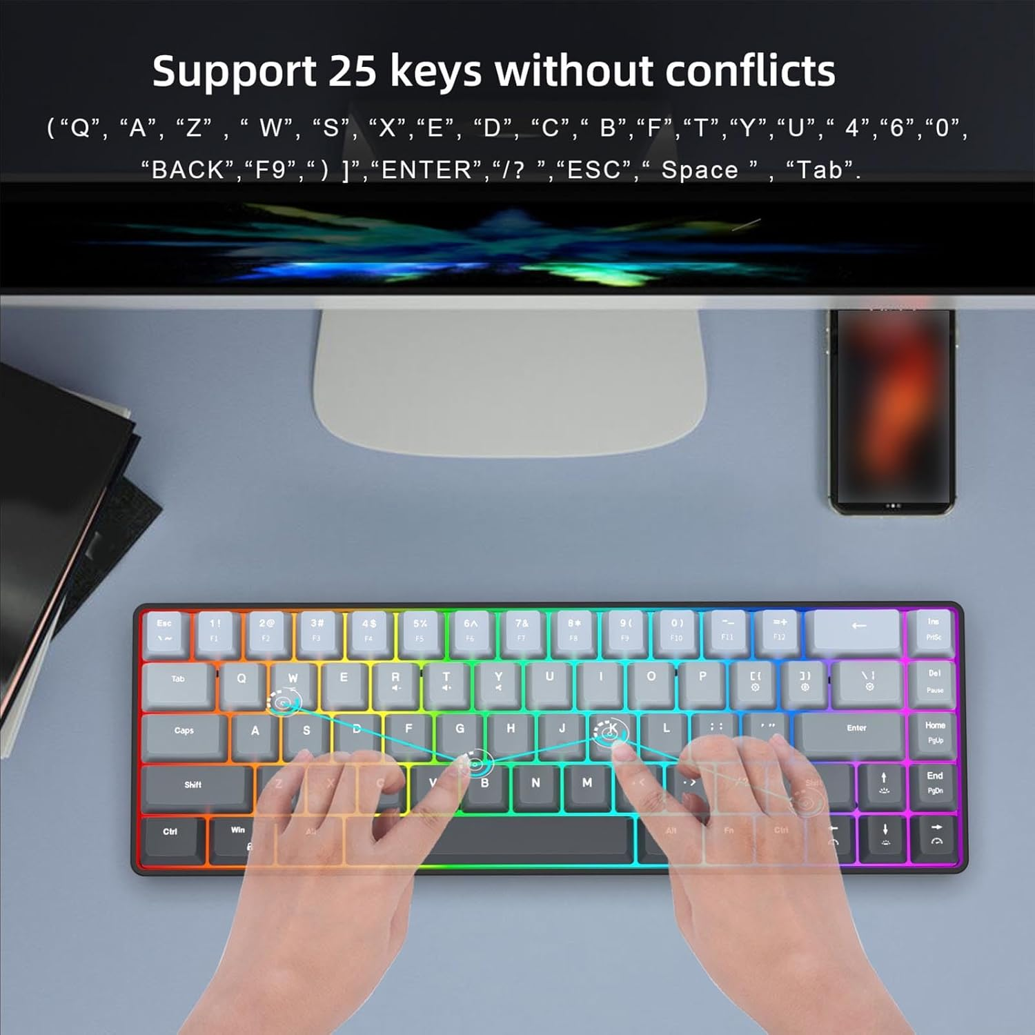XUMIUZIY 60% Mechanical Keyboard, 68 Keys RGB Backlit Wired Gaming Keyboard, Hot Swappable, 25 Key anti Ghosting, Ergonomic Membrane Keyboards for Laptop PC (Gradient Black) - Gradient Black image number 2
