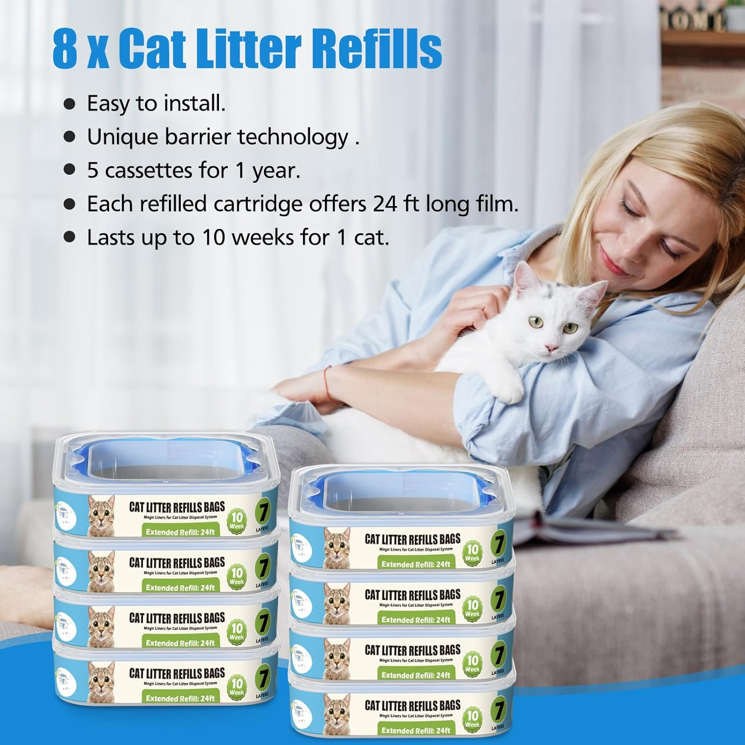 Cat Litter Refills Cartridge Compatible with Your Genie Litter Standard, plus and XL Cat Litter Pail, 8 Packs