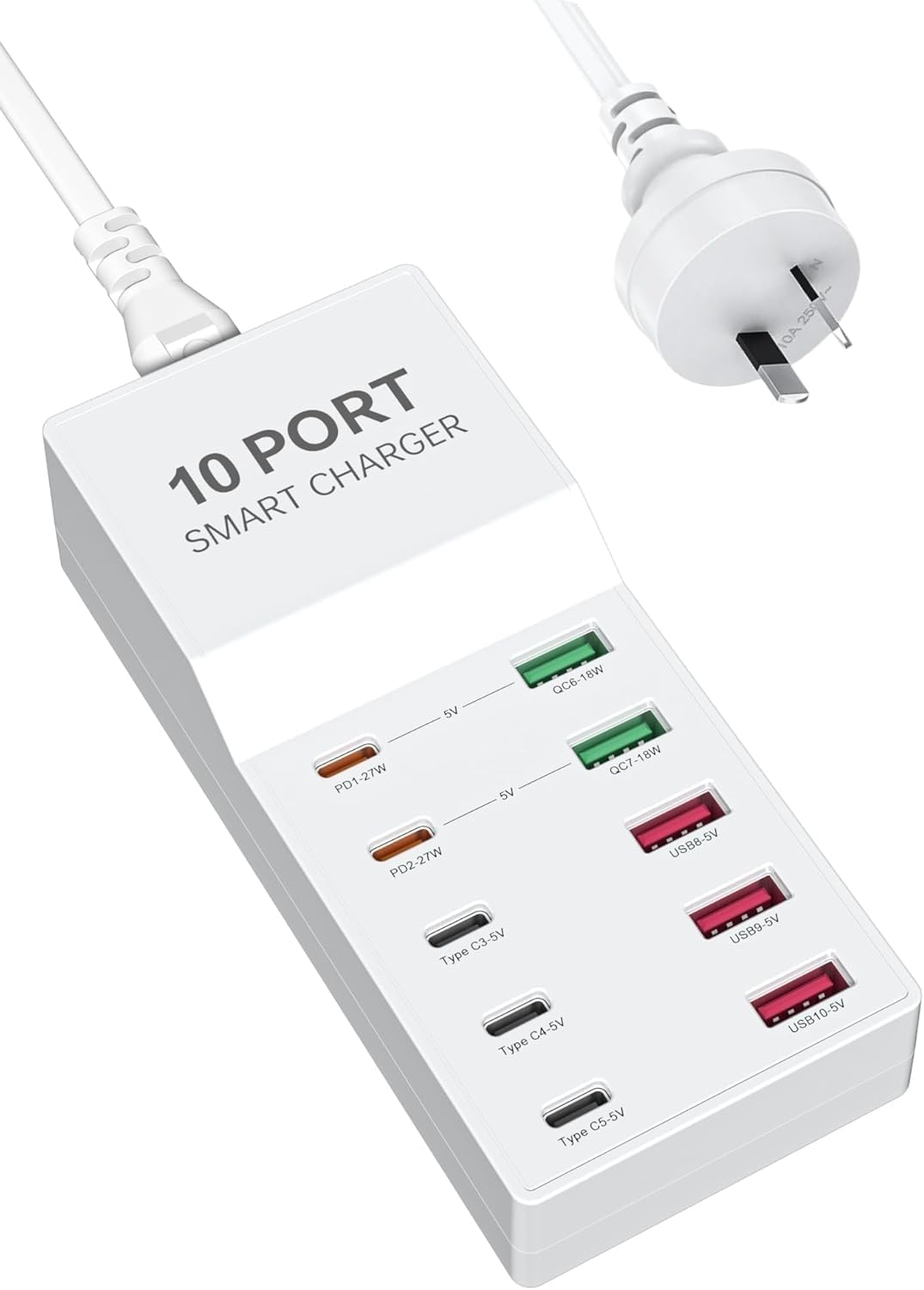 USB Charger Multiple, FOSION 72W USB C Fast Charging 10-Port Multi USB Power Supply Plug Cube, USB Charger Desktop Station Block for Iphone 15/1413,Galaxy S23,Smartphones,Tablets and Other USB Devices image number 3