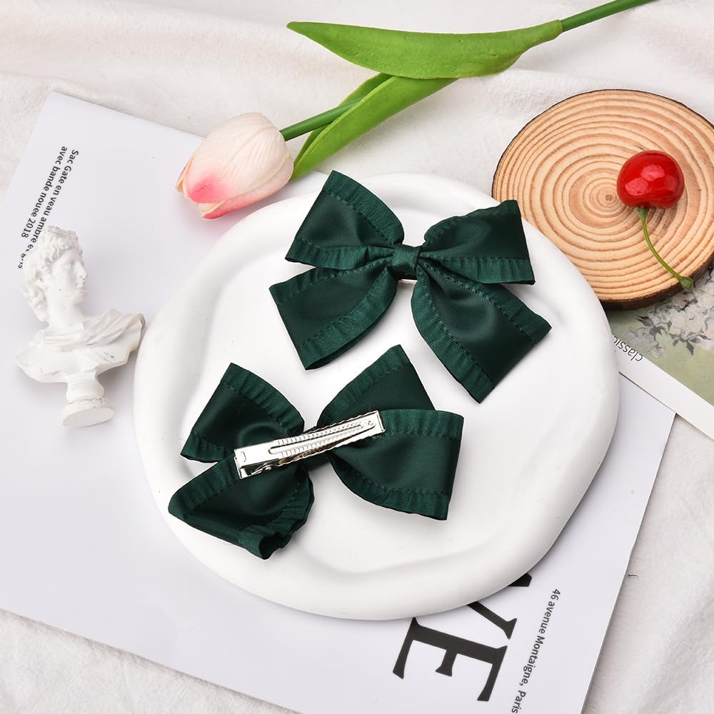 4 Inch Emerald Green Hair Bows with Ruffle Edge Cute Satin Bowknot Alligator Clips Hairpins Cute Ruffled Green School Cheer Bow Clips St Patricks Day Christmas Bows Hair Accessories for Girls 2 PCS - Pink image number 7