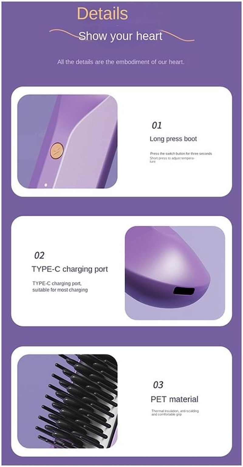 Rechargeable Hot Comb Cordless Hair Brush Straightener Heat Pressing Combs Electric Comb anti Burn Fast Heating-C - Pink image number 7