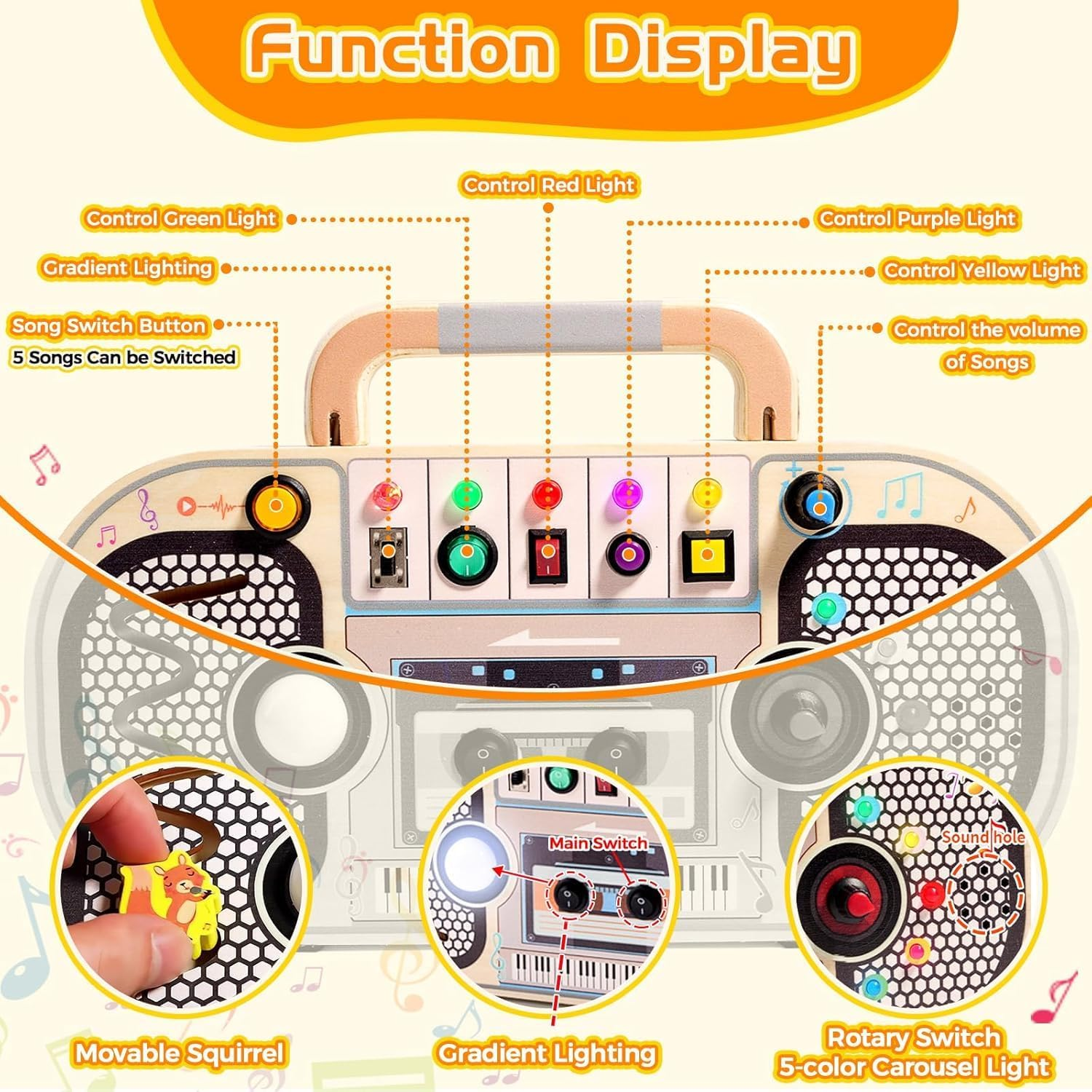 Uandhome Montessori Busy Board Toys for 3 Year Old,Wooden Sensory Sensory Toy with Musical LED Lights Switches Motor Skills Developmental Early Educational Travel Baby Toddler Birthday Gifts image number 5
