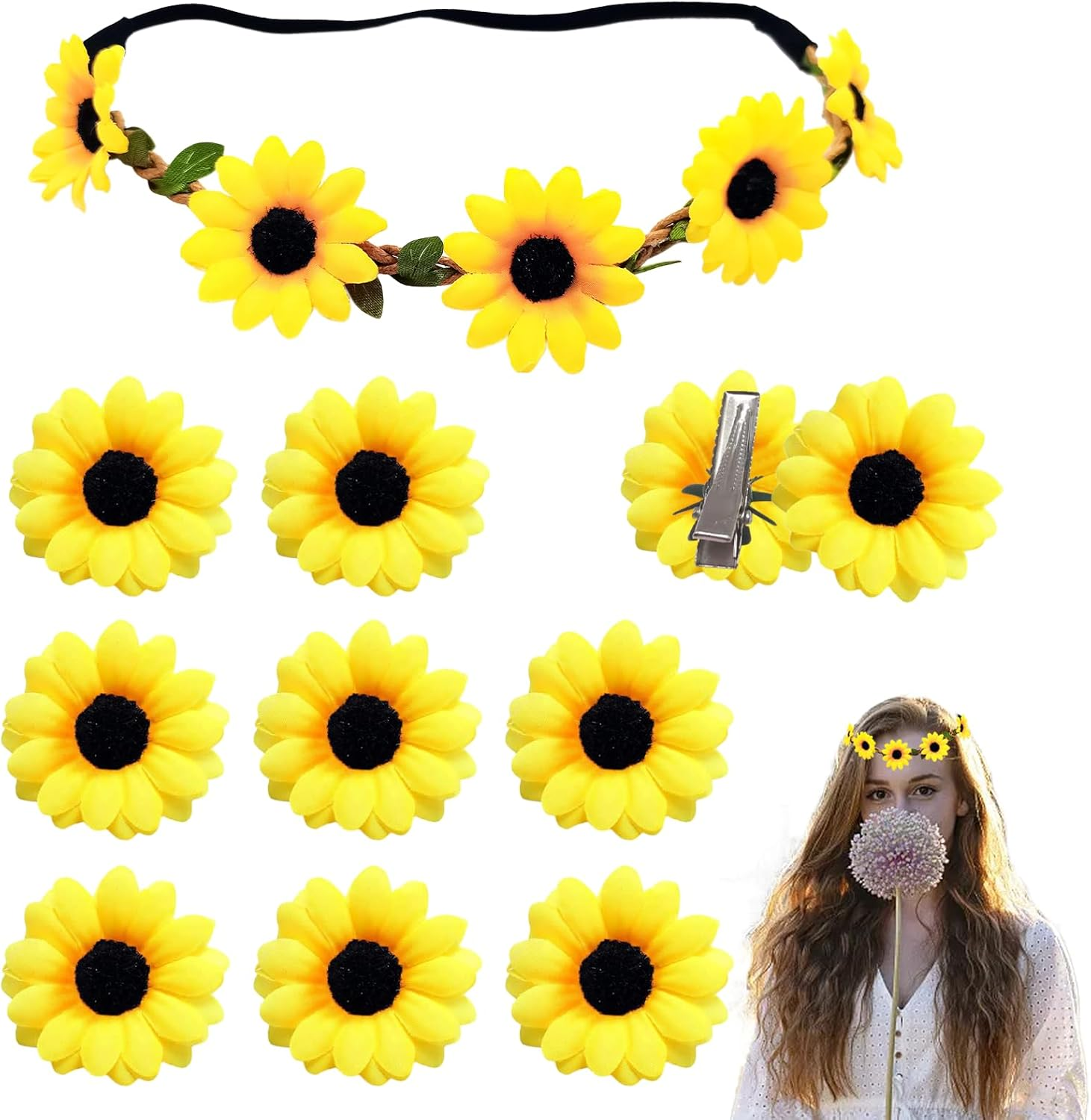 Cozevdnt Flower Hair Band, Hair Clips, Sunflower Flower Hair Band with 10 Pieces Daisy Flowers Hair Clips, Girls Women Sunflowers Headband, Beach, Wedding, Travel, Carnival, Party Headpiece (Yellow)