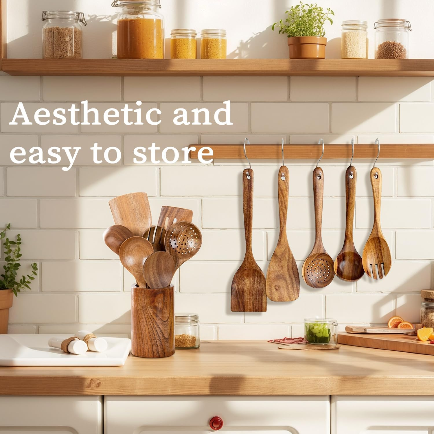 WEKUBA 11 Piece Kitchen Utensil Set, Natural Teak Kitchen Wooden Utensils for Cooking, Wood Utensil Natural Teak Wood Spoons for Cooking,Wooden Utensil Set with Spatula and Ladle image number 3