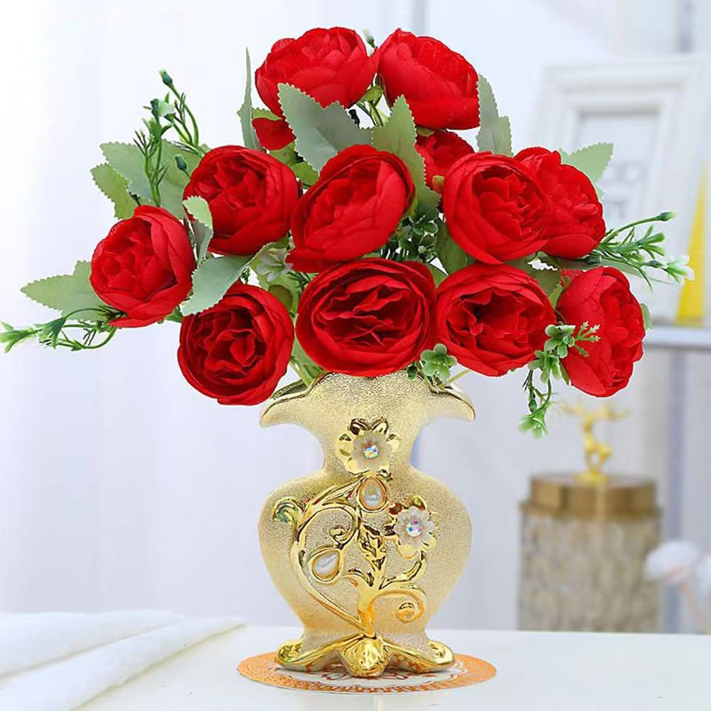 Hbluefat Fake Flowers in Vase,Mini Artificial Flower with Golden Ceramic Vase,Small Silk Roes Faux Flower Arrangements for Home Office Dining Table Centerpiece Coffee Table Decor (B Style,Red-Bud)
