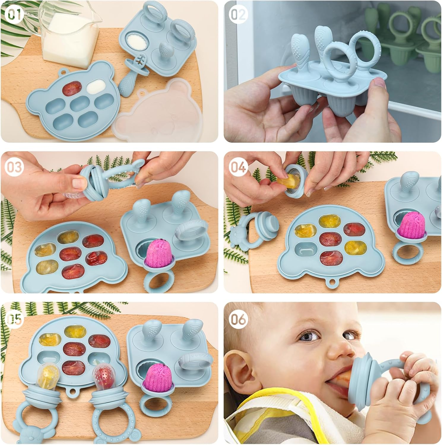 MR.TIMELAG Baby Fruit Feeder & Popsicle Molds 6-In-1 Set - Silicone Teething Mitts, Freezer Trays, Pacifiers & Ice Lolly Makers (Blue Bear + Smiley) - Bpa-Free Infant Feeding & DIY Frozen Treat Kit