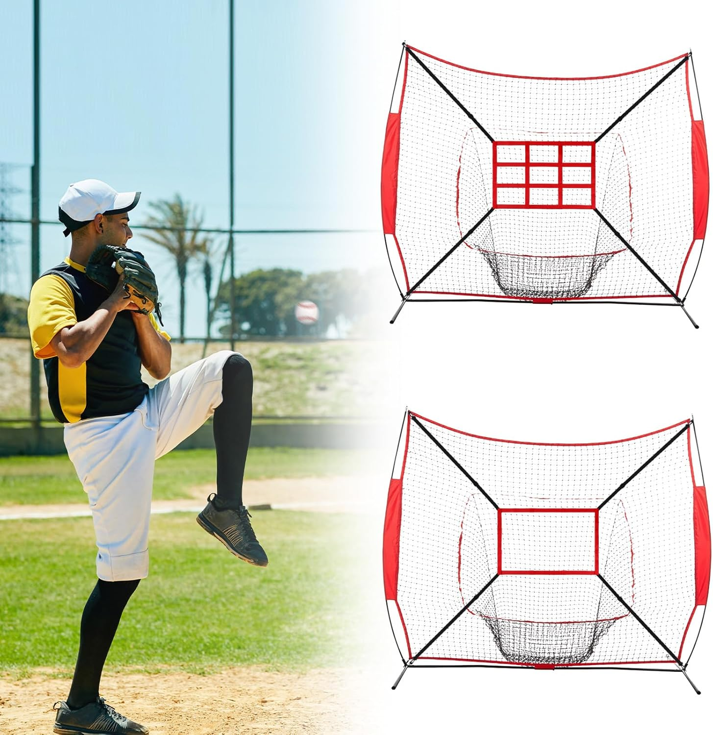 Lyreh 2Pcs Baseball Strike Zone Target Net, Adjustable Baseball Pitching Target Strike Zone 24X16In Oxford Cloth Pitching Net with Numbers for Practice Accuracy Softball Throwing Hitting (Red)