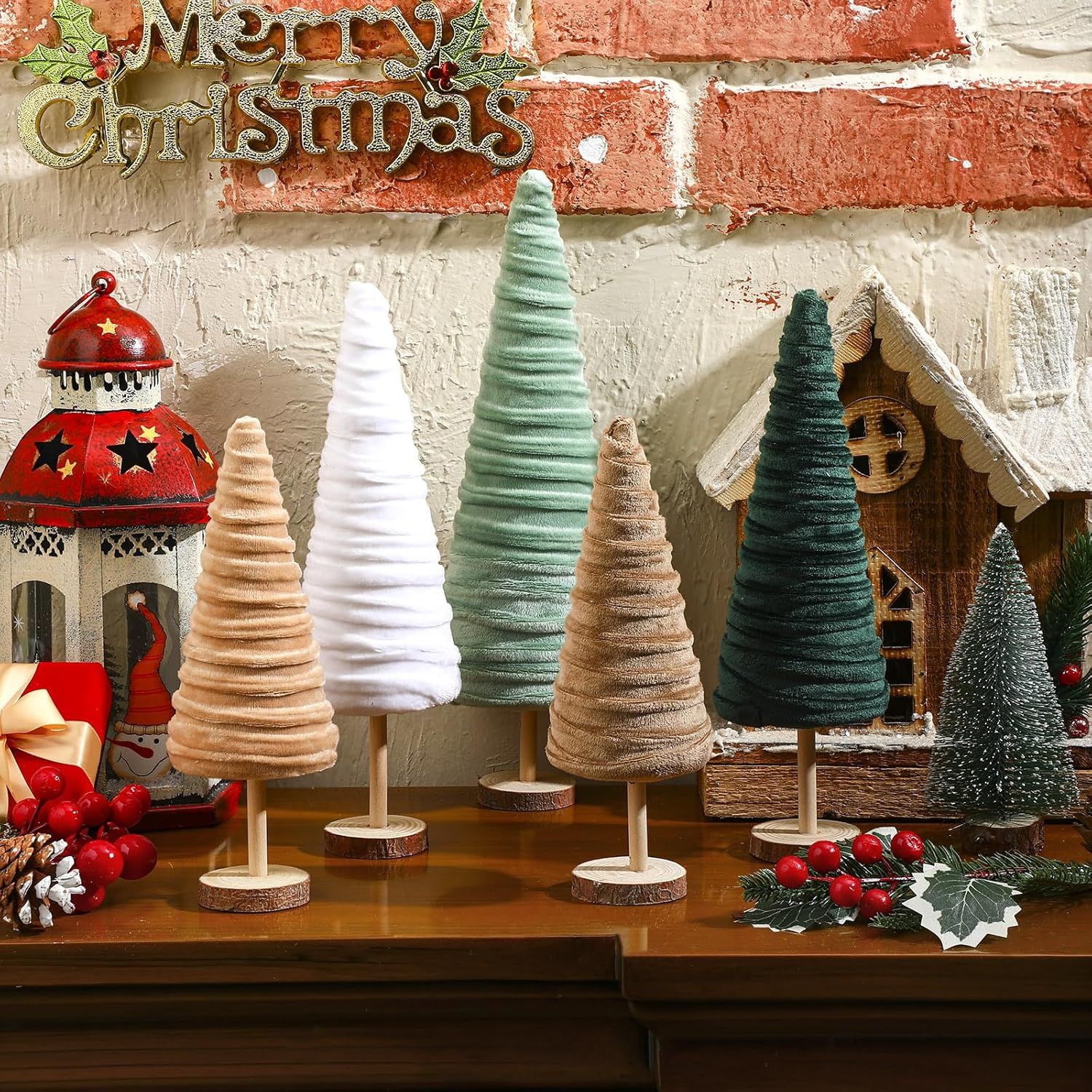 Kigley 5 Pcs Christmas Velvet Trees Set Neutral Christmas Decoration Boho Christmas Cone Trees Flocked Tabletop Centerpieces Farmhouse Home Decorations for Kitchen Xmas Party Mantel Tiered Tray Gift image number 4