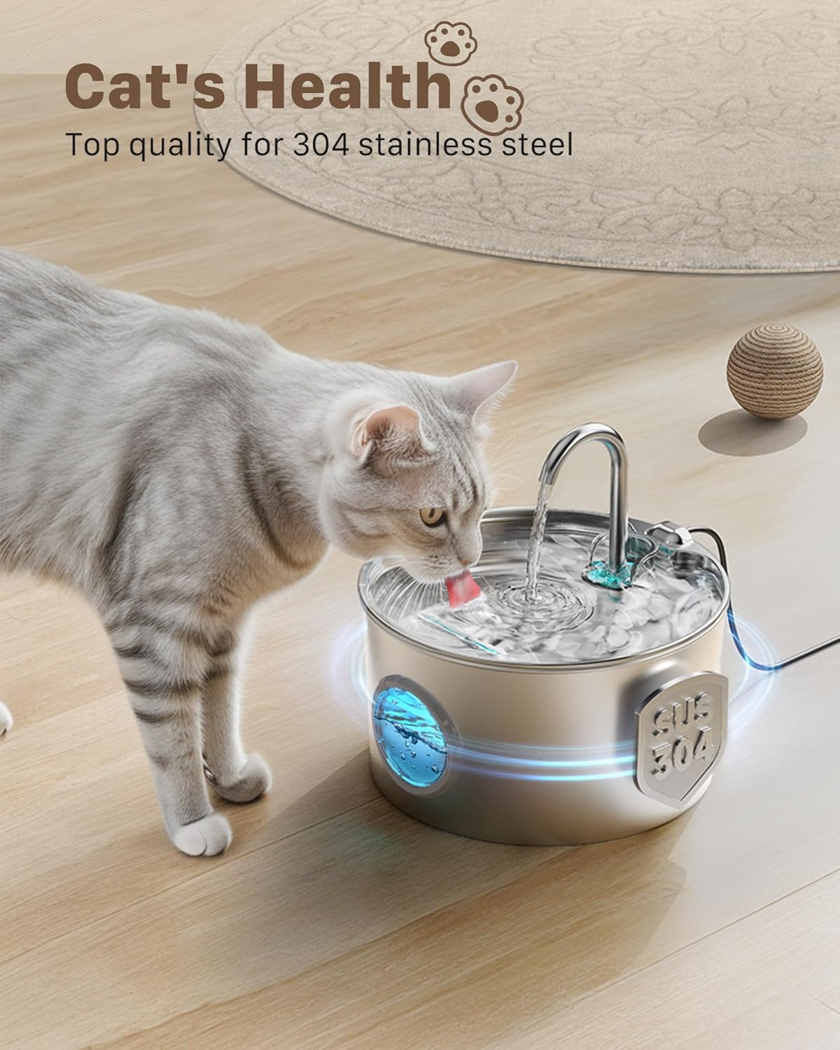 Stainless Steel Cat Fountain: Automatic Cat Drinker &ndash; 2.2L Cat Fountain &ndash; Super Quiet Pet Water Fountain &ndash; Water Dispenser for Dogs &ndash; with 6 Filters + 3 Sponges image number 3