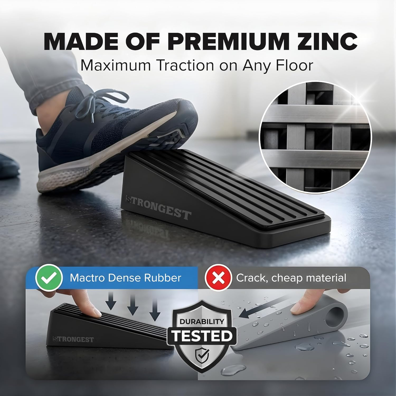 Strongest Door Stopper, Heavy Duty Door Stop Wedge Made of Premium Quality Zinc and Rubber Suits Any Door,Any Floor. Set of 2 plus Bonus Self Adhesive Wall Protectors (Black, 2 Pack) image number 2
