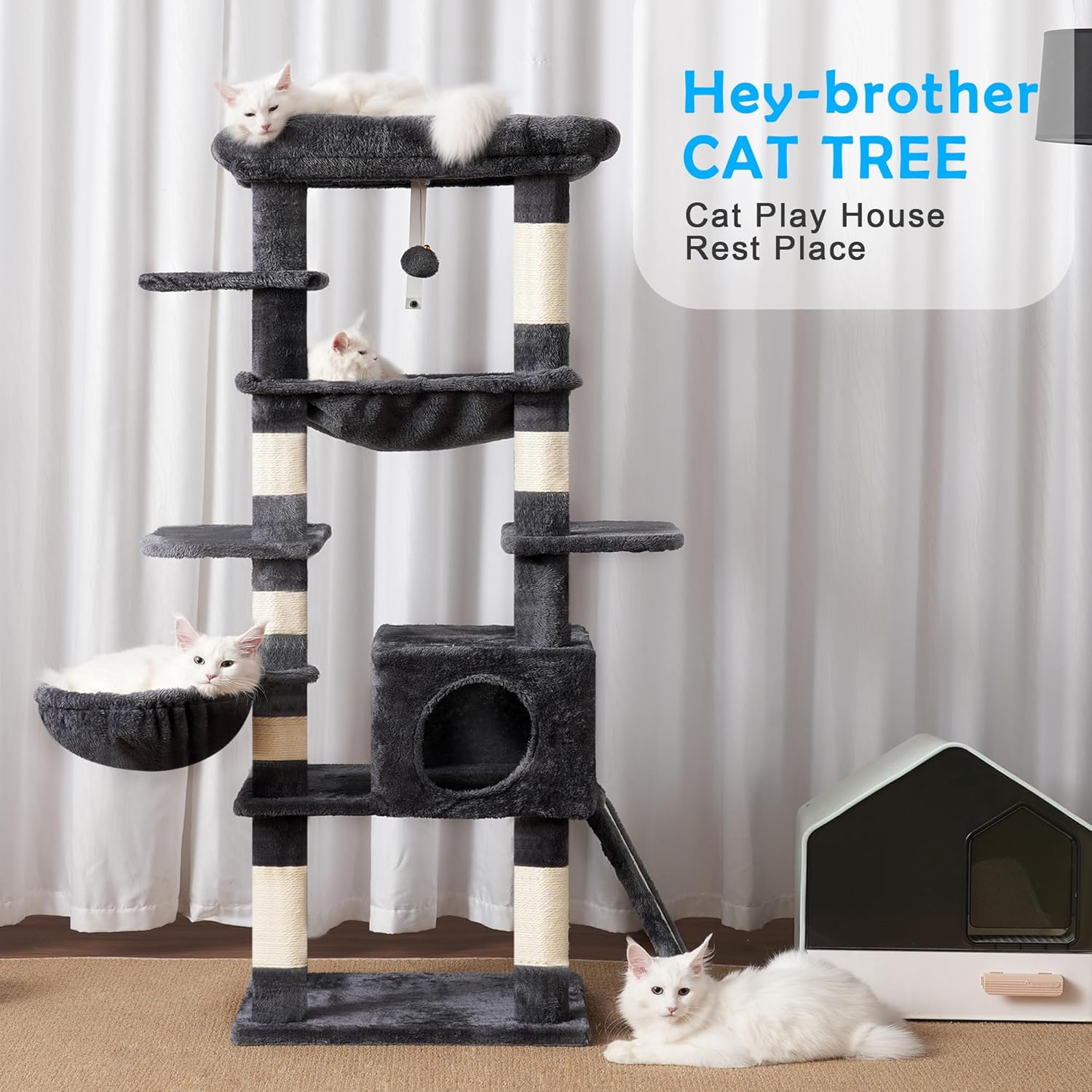 Hey-Brother Cat Tree with Large Top Perch and Hammock, 150 Cm Multi-Level Cat Tower for Indoor Cats, Cat Condo with Sisal-Covered Scratching Posts, Smoky Gray MPJ057G