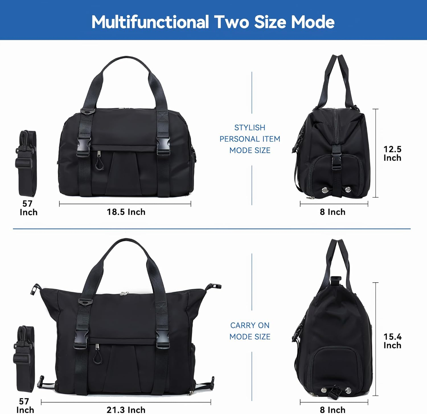 ERTUNA Gym Bag with Yoga Mat Holders, Carry on for Pilates Women & Men with Laptop & Shoe Compartment Large Duffle Travel Weekender Tote with Key Ring Clip Personal Item Workout, Easy to Clean - Black image number 5