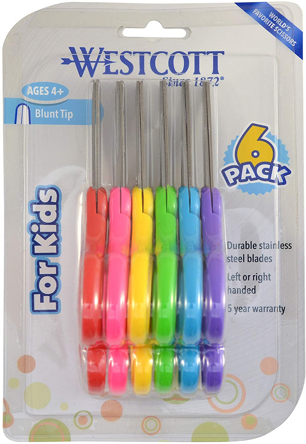 Westcott 16454 Right- and Left-Handed Scissors, Kids' Scissors, Ages 4-8, 5-Inch Blunt Tip, Assorted, 6 Pack image number 5