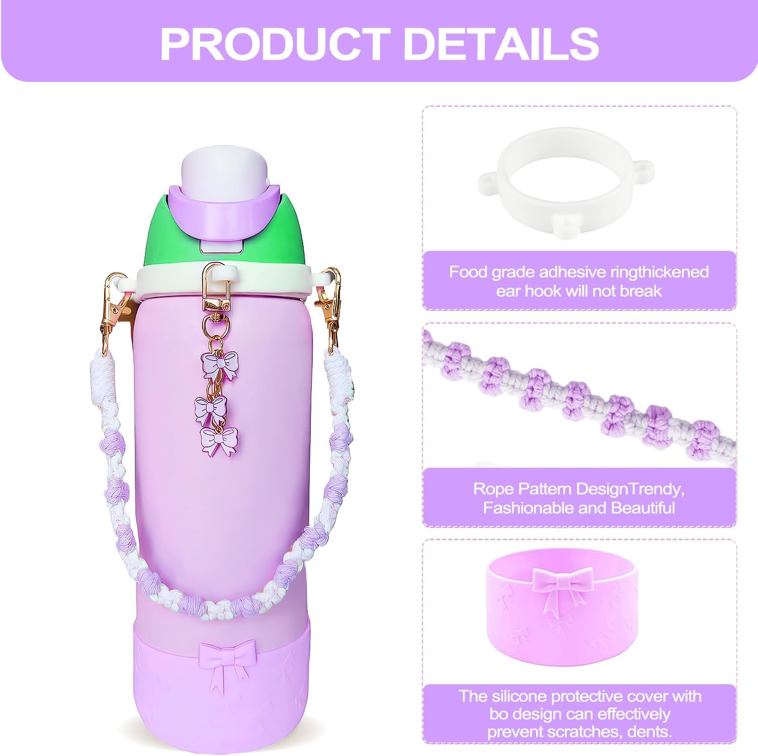 Cup Accessories for Owala Water Bottle 24/32/40Oz,Bow Charm、Bow Handle Strap and Water Bottle Boot for Owala Accessories and Stanley Cup Accessories Fits Owala Tumbler, Owala Freesip (Purple, 24 Oz) image number 4