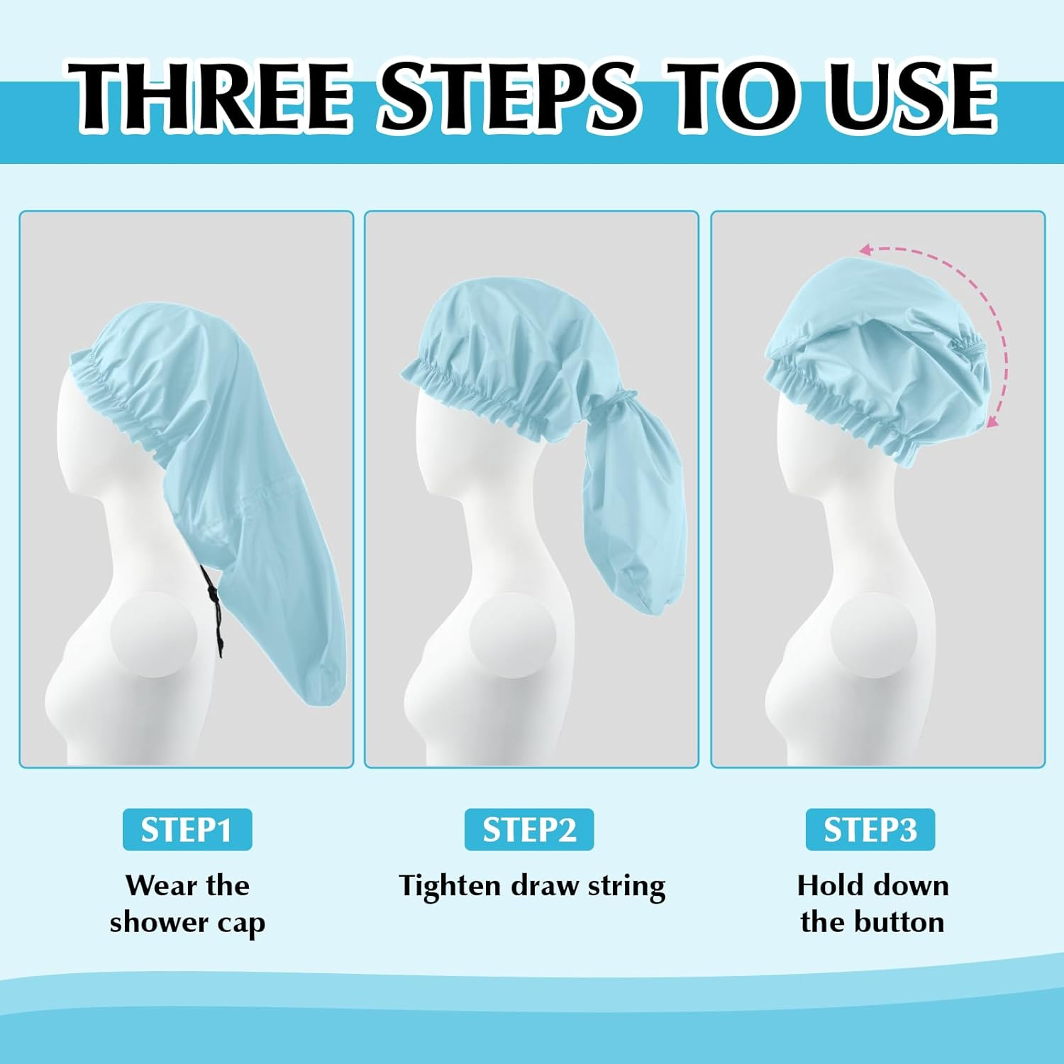 2 Pack Extra Large Shower Caps for Braids, Long Hair & Locs, Waterproof Hair Bonnets for Dreadlocks with Adjustable Drawstring (Pink, Light Blue) image number 3