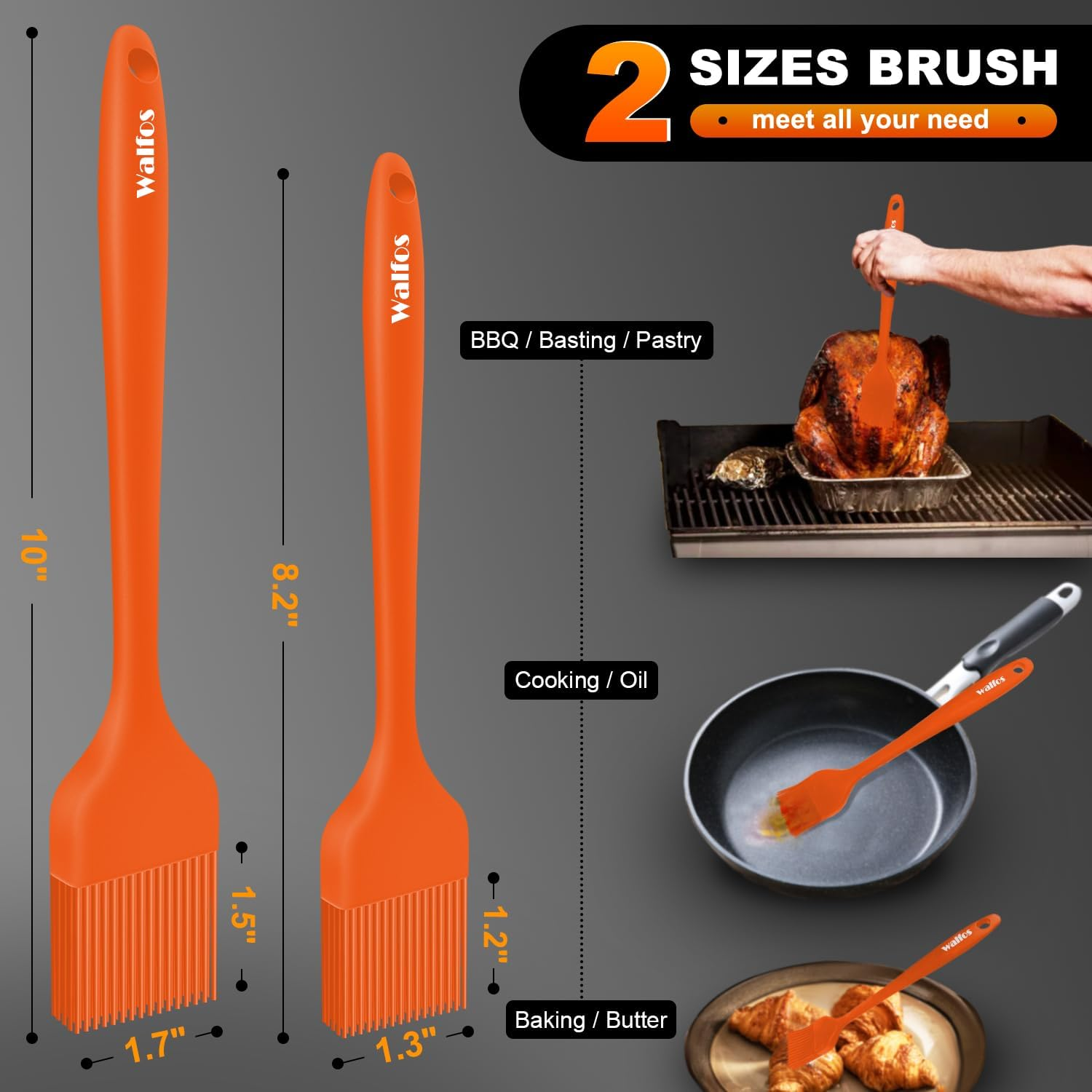Walfos Silicone Basting Pastry Brush, Heat Resistant Pastry Brush Set, Strong Steel Core and One-Pieces Design, Perfect for BBQ Grill Kitchen Cooking, BPA Free and Dishwasher Safe, 2 Pcs (Orange) image number 4