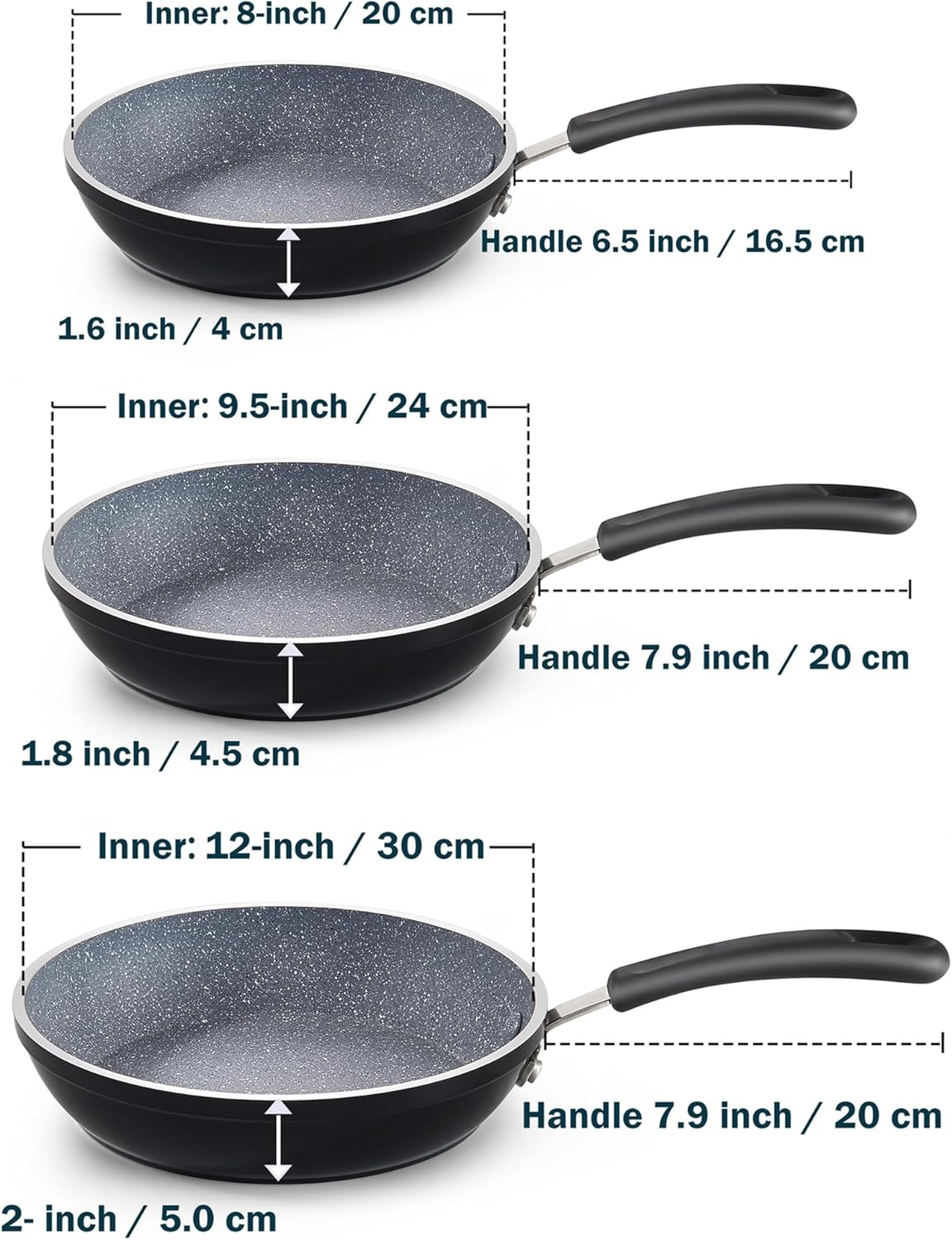 Cook N Home Professional Marble Fry Pan Nonstick, 8"/10" 12", Black image number 5