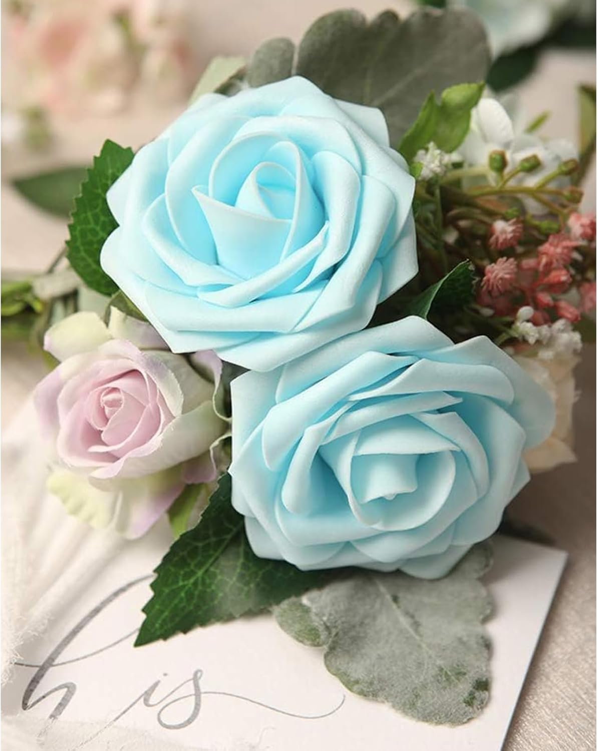 UKKQES Artificial Flowers 25Pcs Real Looking Foam Fake Roses with Stems for DIY Wedding Bouquets Bridal Shower Centerpieces Floral Arrangements Party Tables Home Decorations (Light Blue) - D Red 50 image number 5