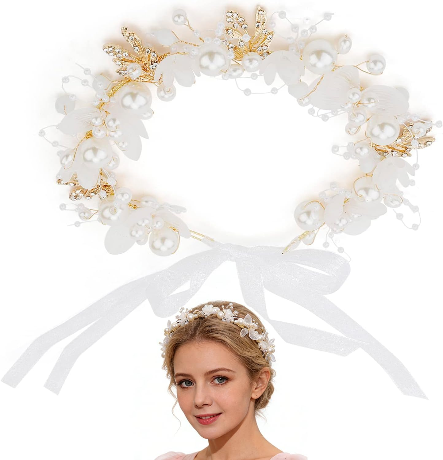 Esshogo 1 Piece Girls Hair Bridal Piece Vine Rhinestone Women Headband, Bridal Headpiece for Hair, Flower Wreath, Headband, Adjustable Elastic Band, Hair Band Pearl Crown Stra image number 5