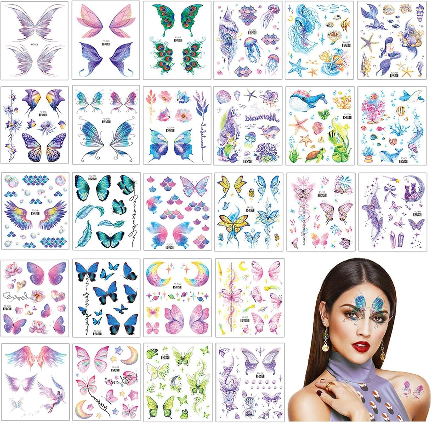 26 Coloured Butterfly Tattoo Stickers, Waterproof Tattoo Stickers, Party Face Make-Up, Temporary Tattoo Stickers for Women image number 2