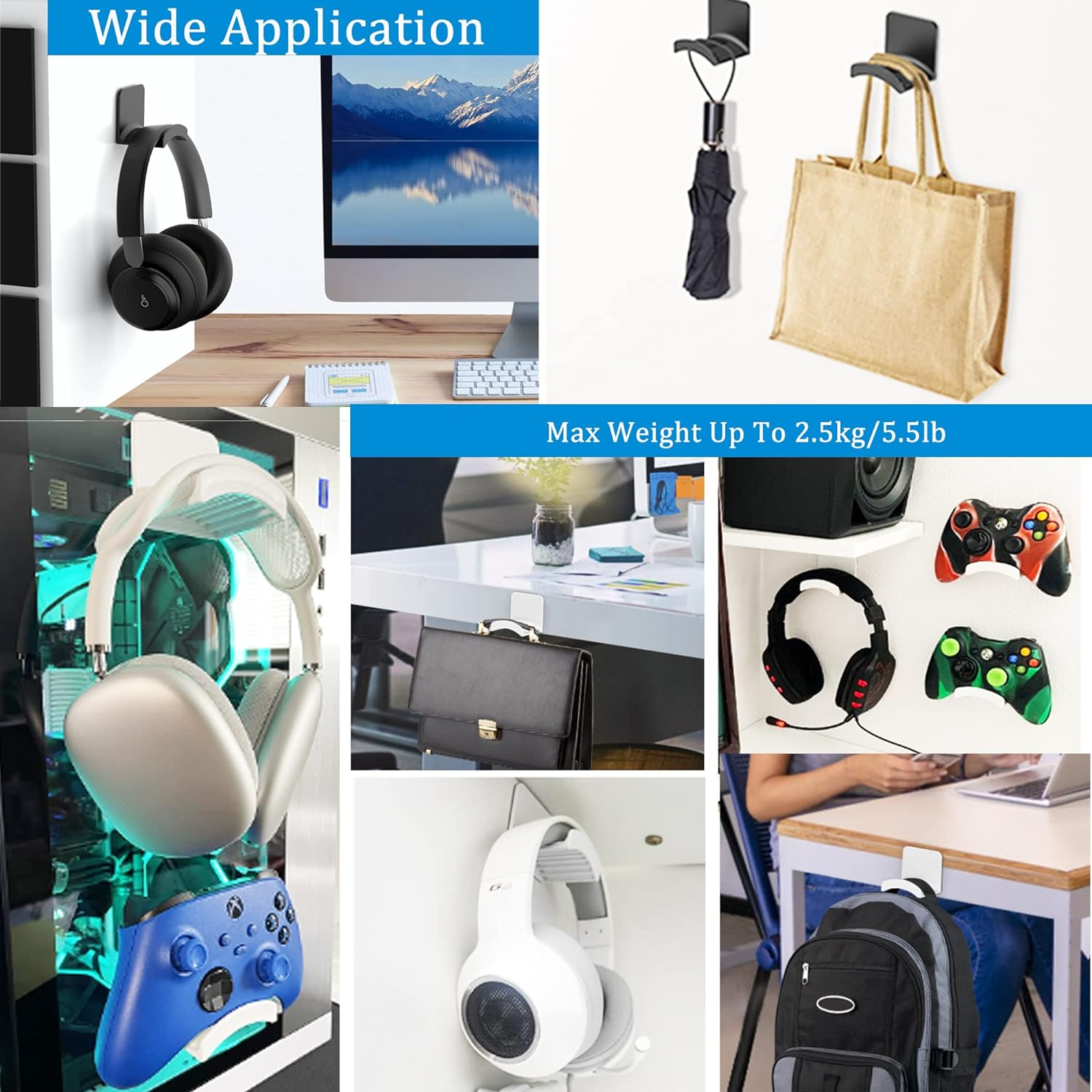 SOKUSIN Headphone Stand Headset Holder - Adhesive Gaming Earphones Hanger, Universal Desk Wall Mount Hook for All Headphone/Controller, Compatible with Beats, Airpods Max,Sony, JBL (White) - Pink-2 Pack image number 3