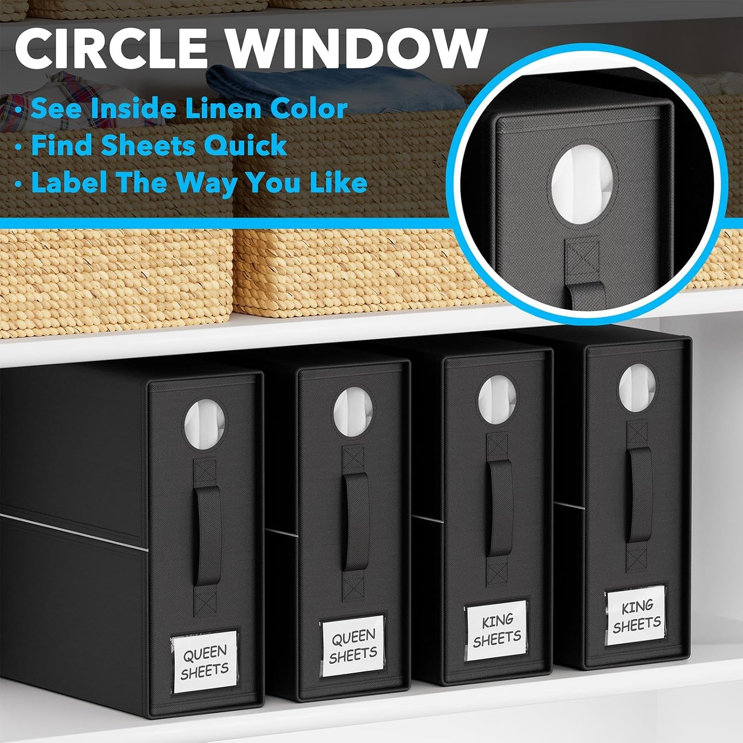 BDZBREN Bed Sheet Organizers and Storage, Foldable Organizer for Linen Closet, Sheets Set Folder Keeper with Window XL (Queen & King Size) Organizing Bedding Container (4 Pcs, Black) - Black image number 4